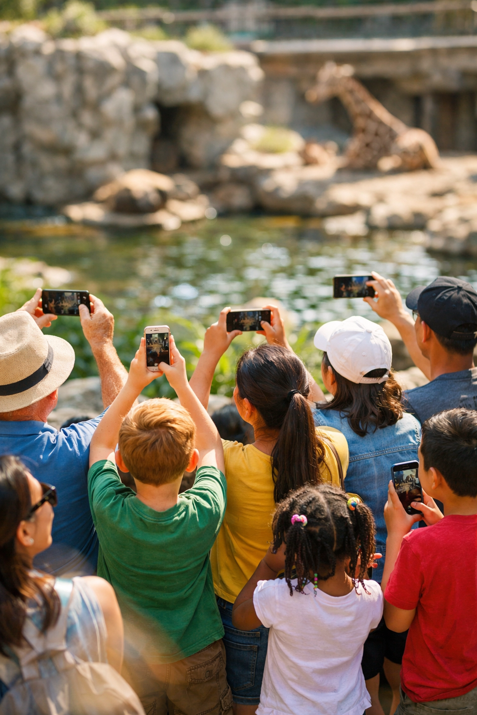 Zoo visitors taking photos of animals with smartphones to create user-generated content