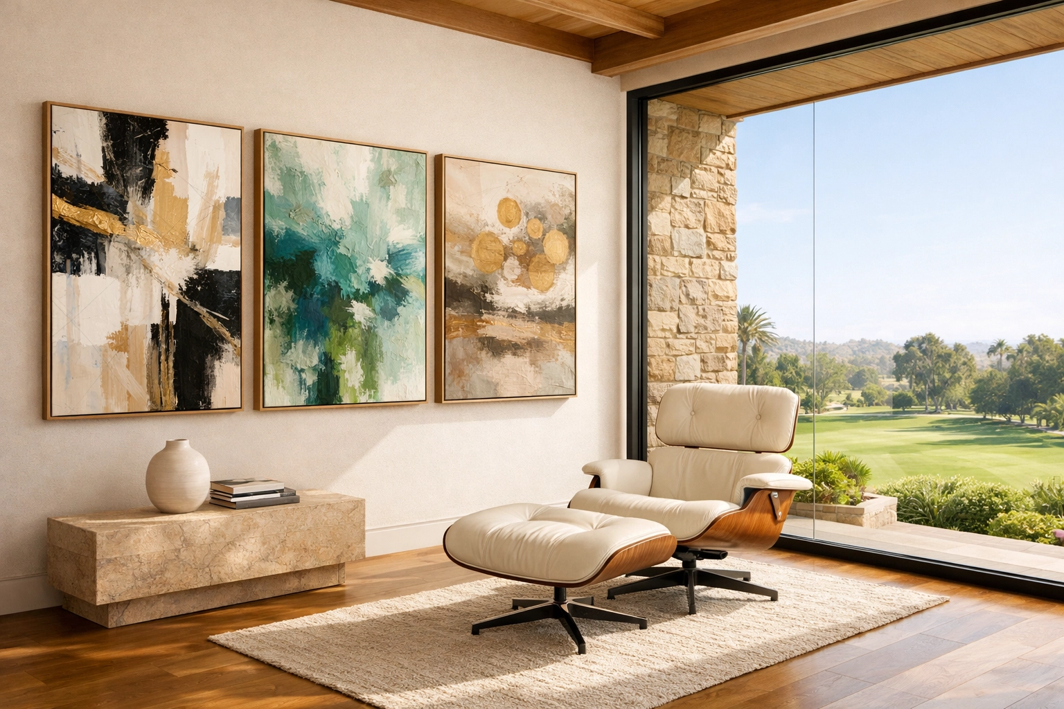 UV-protected luxury home interior with smart glass windows overlooking a private golf course in Rancho Santa Fe.
