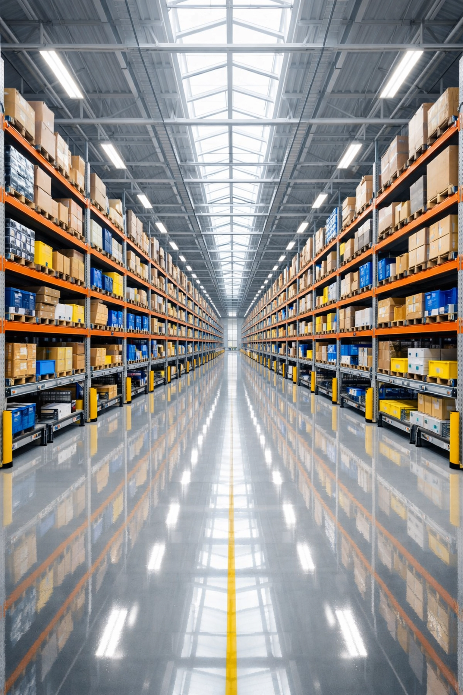 Organized aisles in a single-node fulfillment center showing efficient e-commerce logistics.