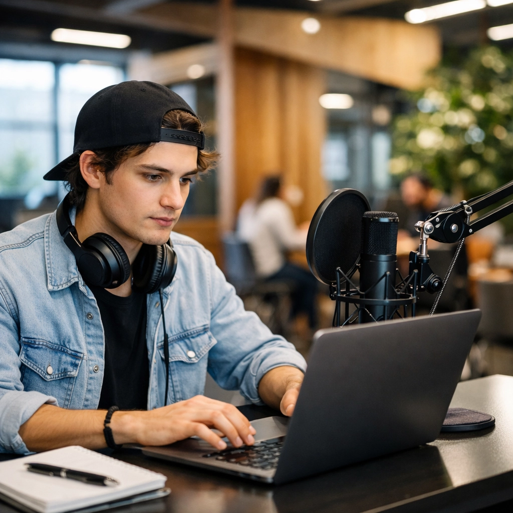 A student practices NIL and media literacy skills in a modern lab to prepare for a future-ready career.