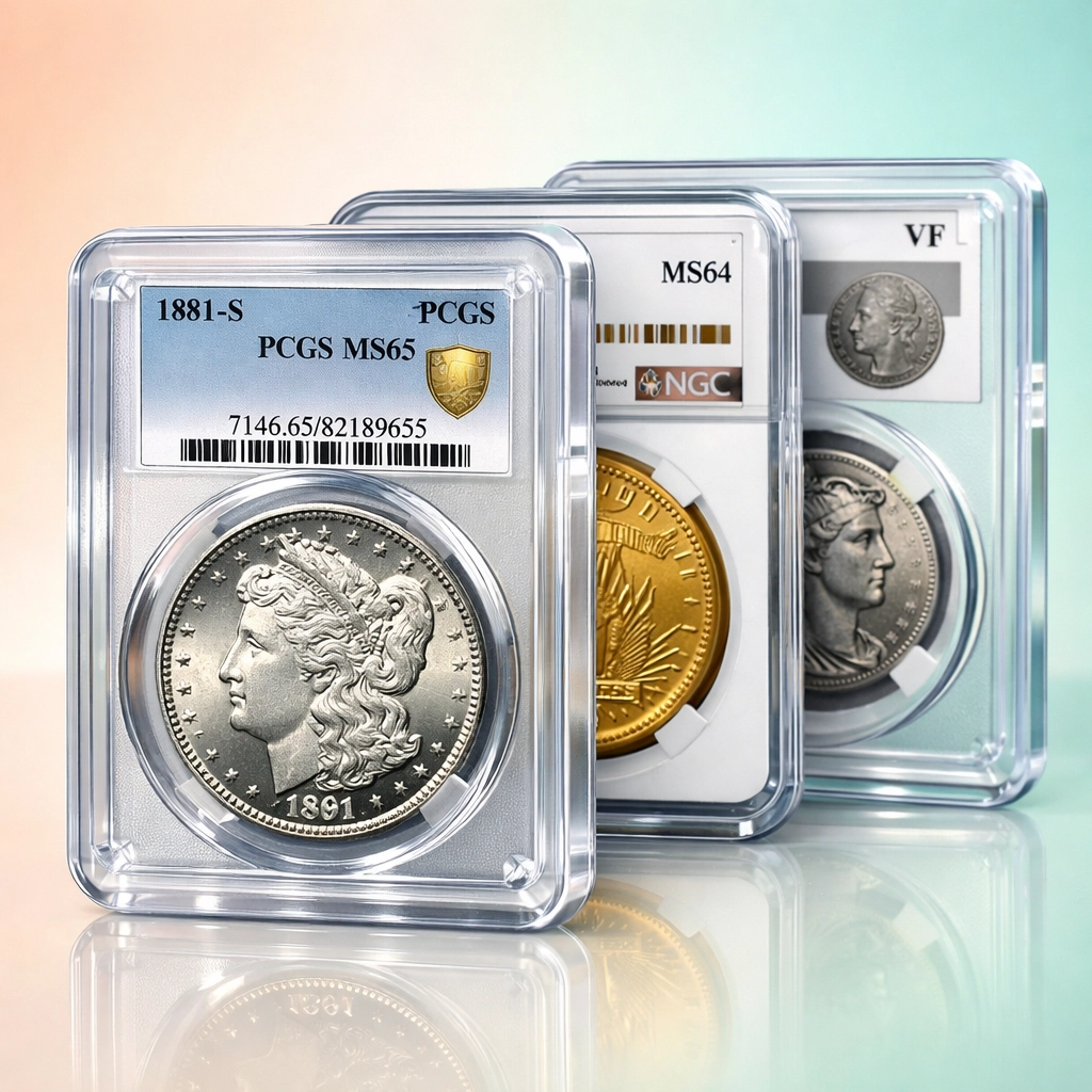 Certified rare coins in protective cases listed for an American heritage collectibles auction.