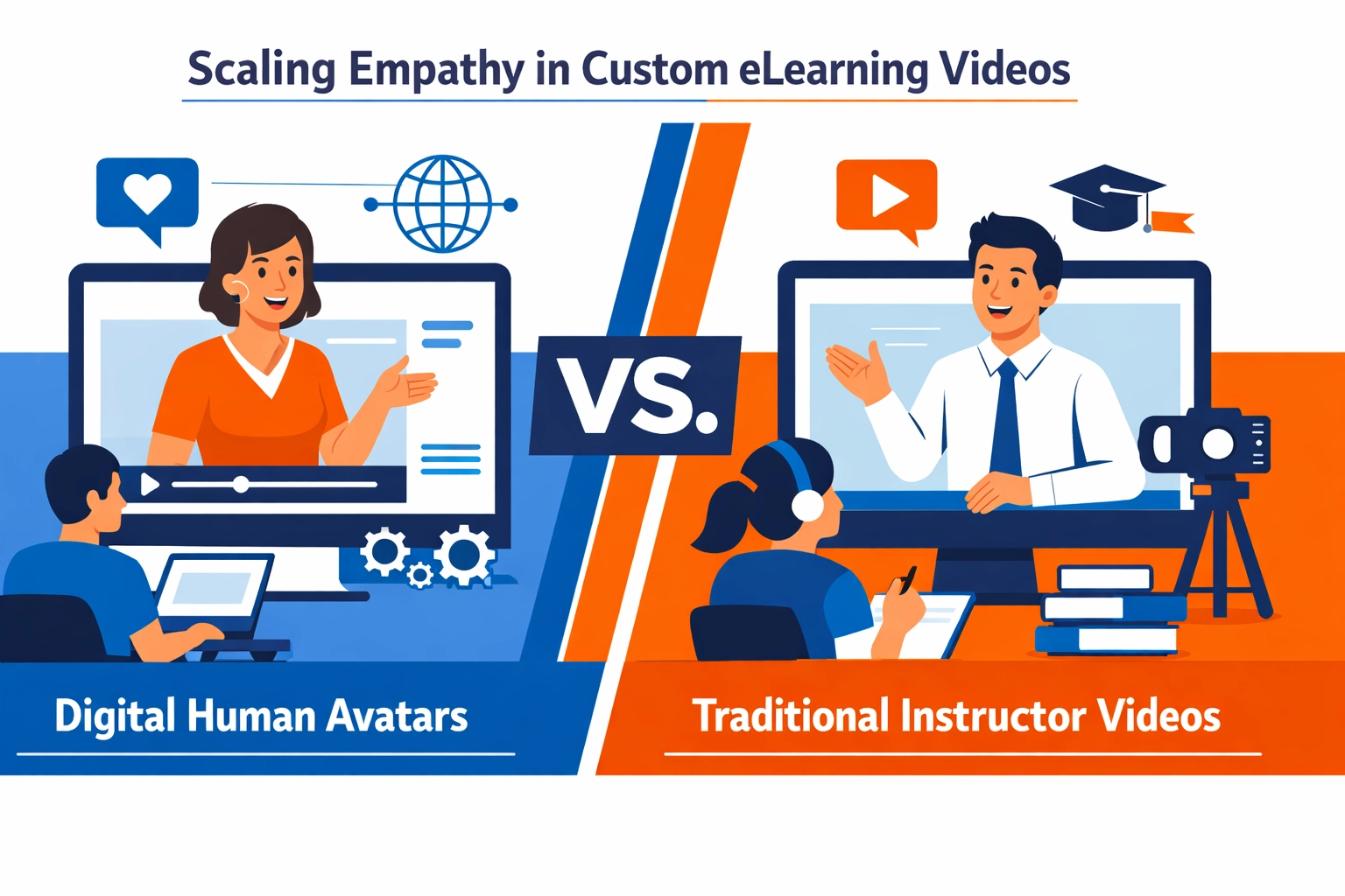 custom eLearning development hero - digital human avatars vs instructor videos for SaaS training