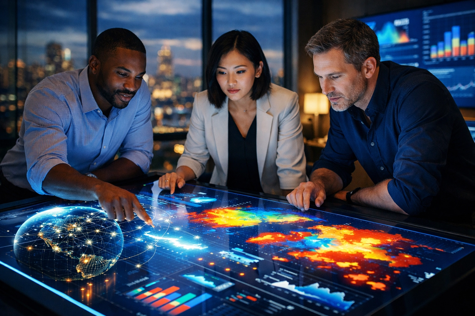 Media strategists review audience data analytics to scale personalized digital campaigns across markets