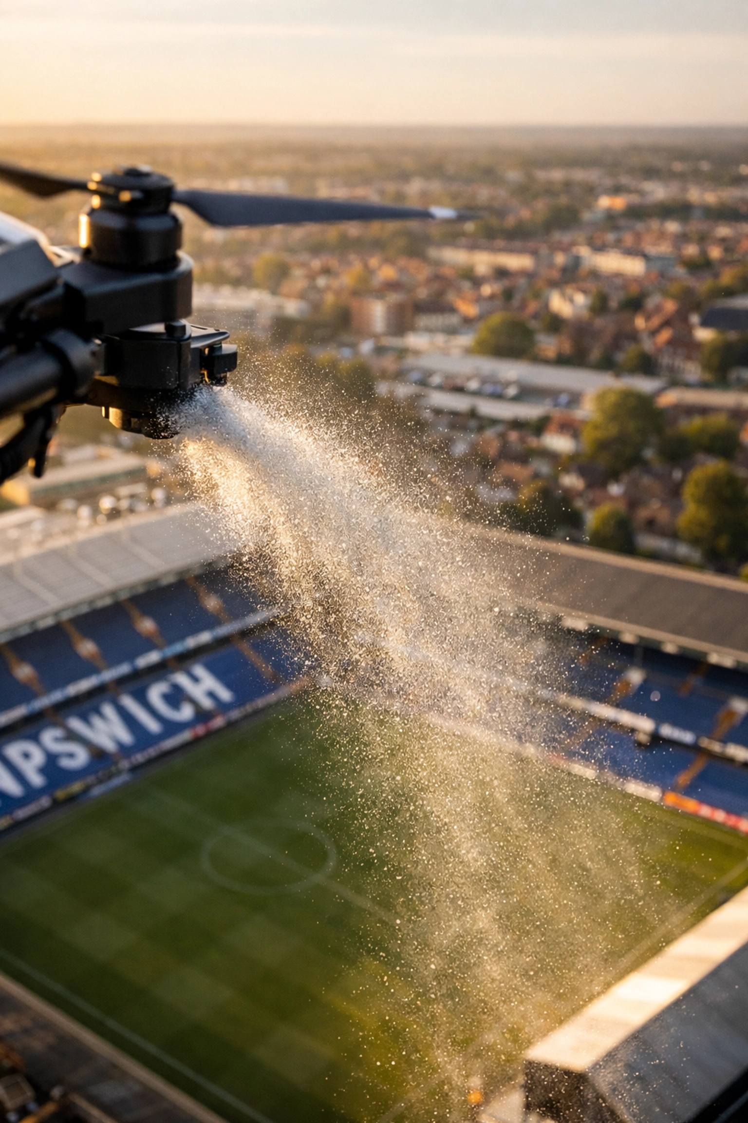 Drone ash scattering ceremony over Ipswich's Portman Road stadium with the pitch and stands visible below.