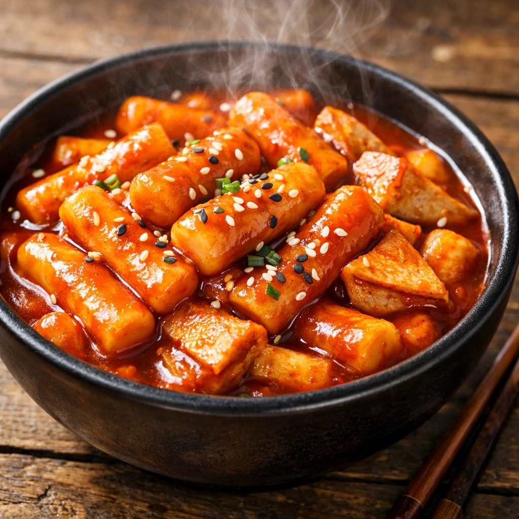 Bowl of spicy tteokbokki Korean rice cakes in red gochujang sauce with sesame seeds
