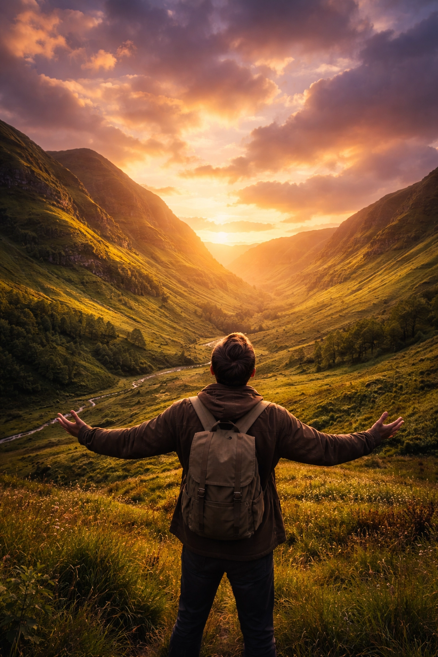Person gazes at scenic green hills under sunset light, symbolizing faith in Jesus for help in lonely, challenging seasons.
