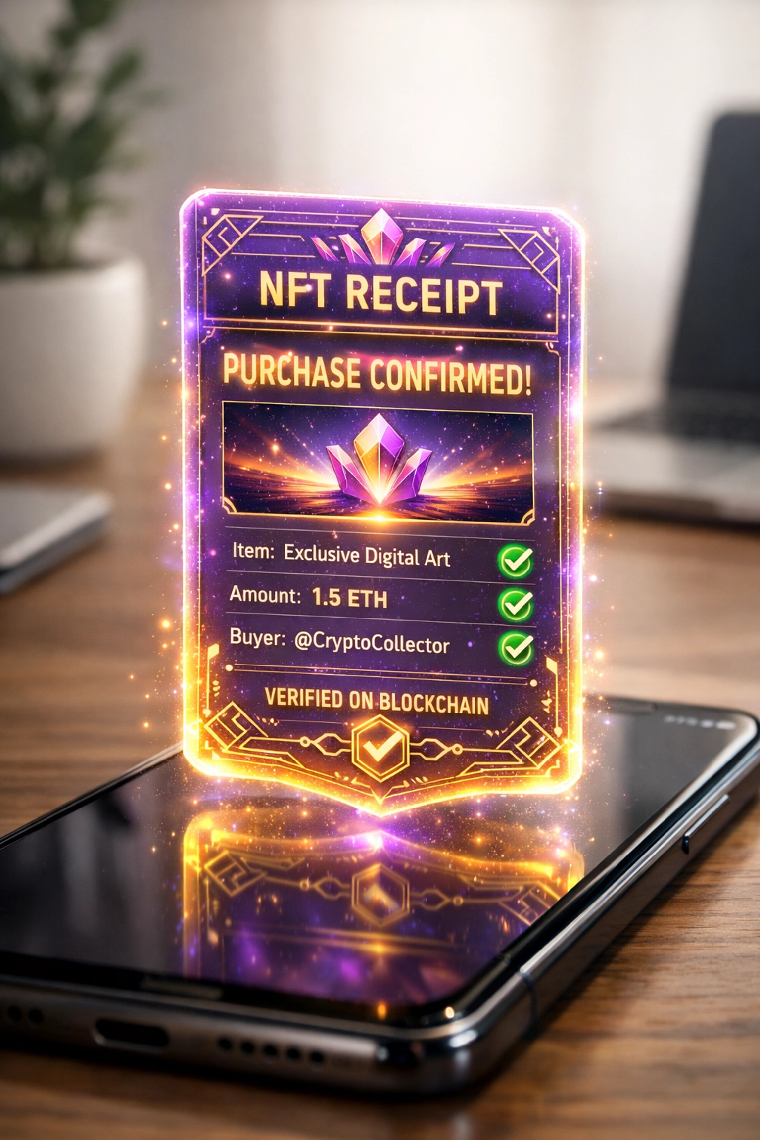 Blockchain NFT receipt displayed on smartphone for verified crypto payment transactions