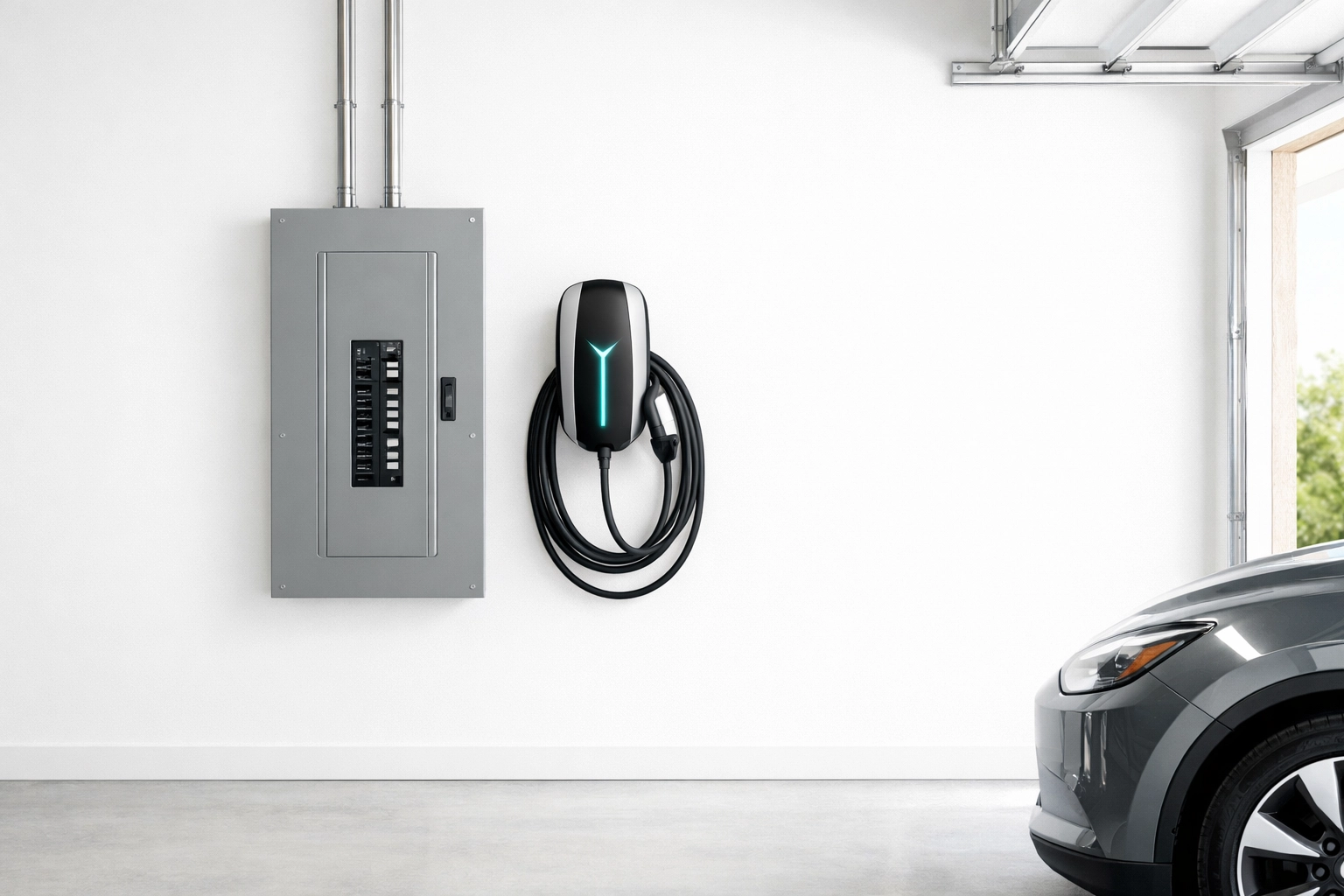 Modern 200-amp electrical panel replacement and EV charger installation for code compliance.