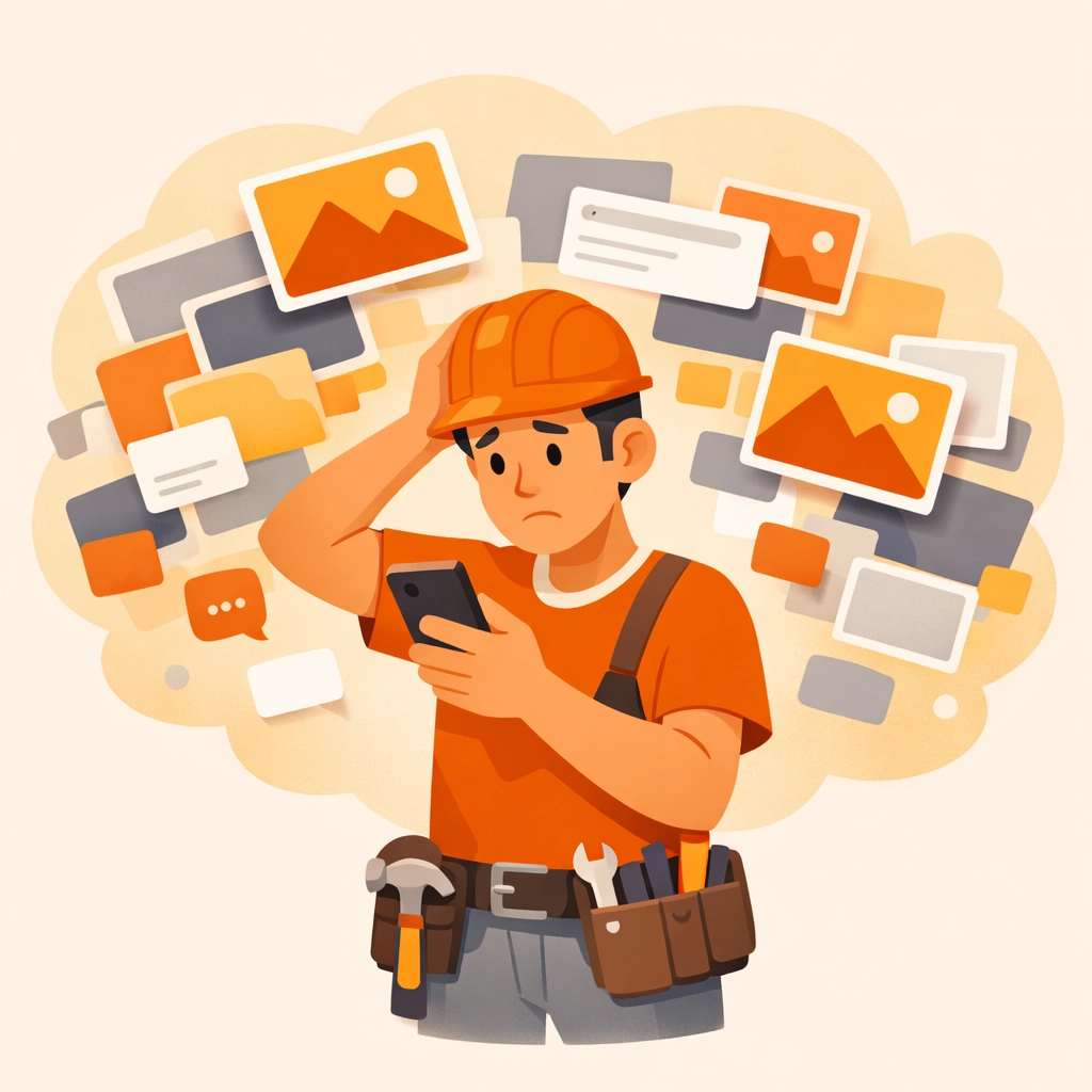 A contractor struggling with cluttered construction photo documentation on a complex mobile app.