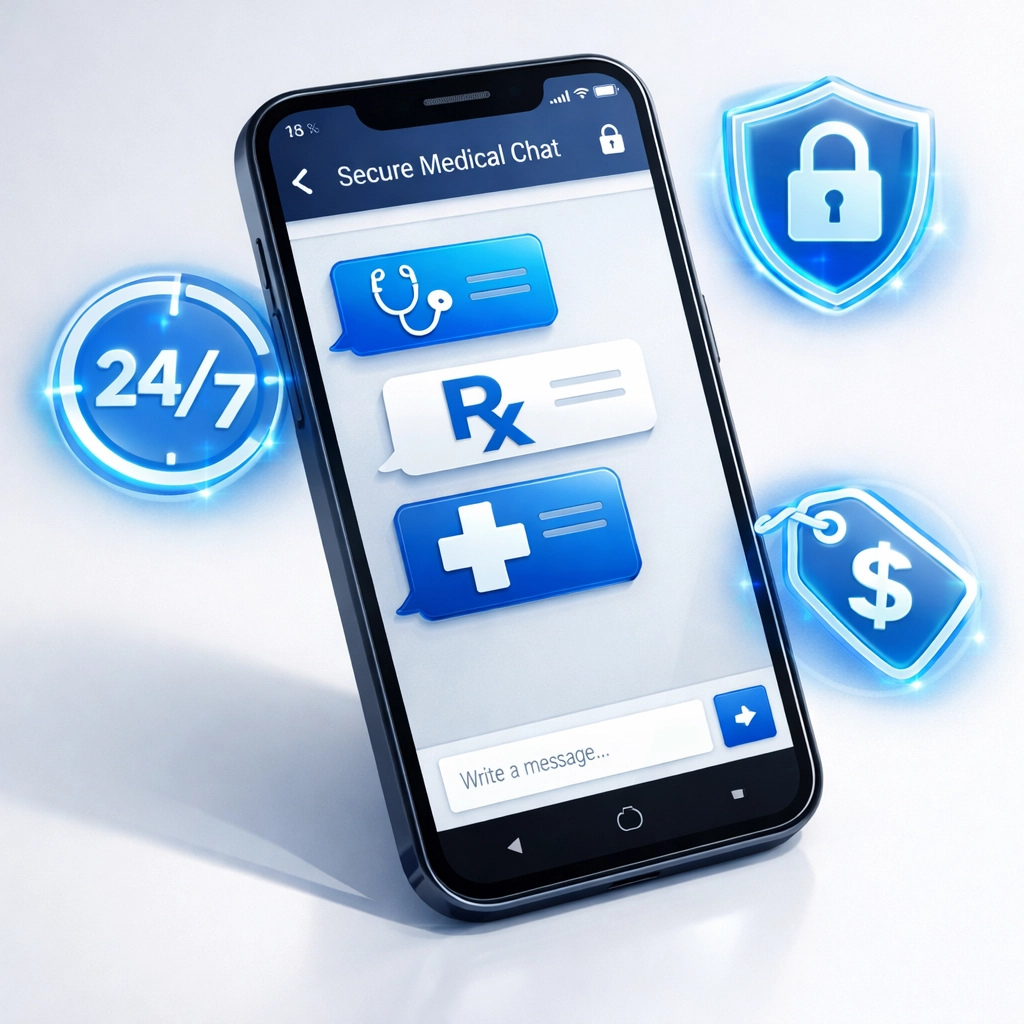 Smartphone displaying secure medical messaging with 24/7 availability and prescription symbols