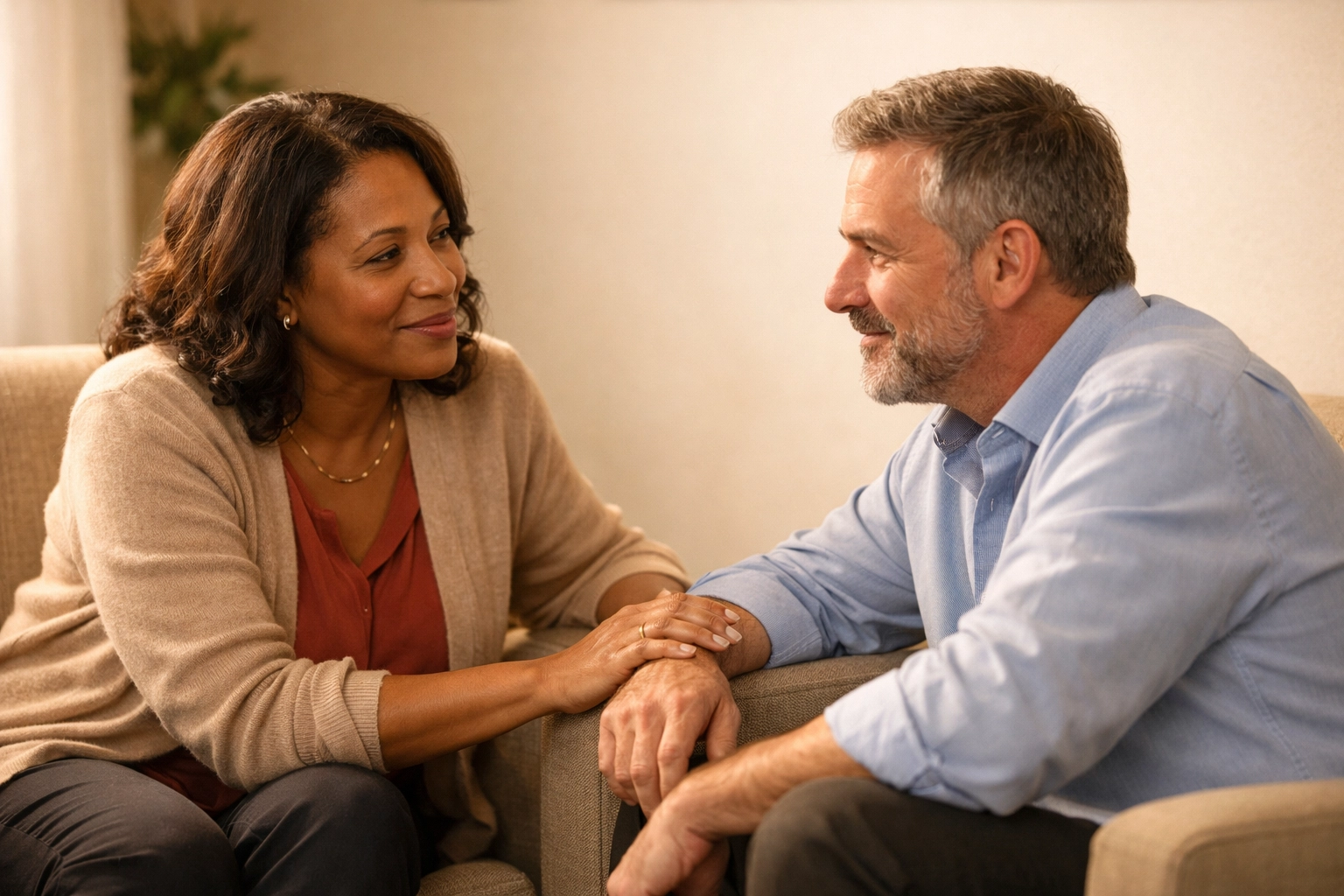 Colleagues having a supportive conversation about AI change management and workforce transformation.