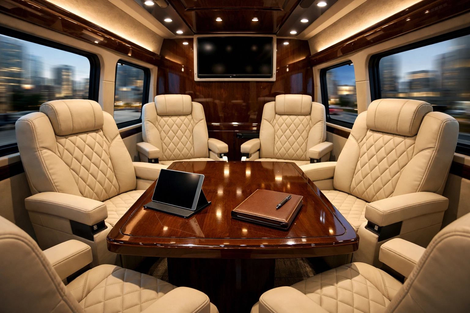 NEWSLETTER: The Ultimate Guide to Super Bowl Executive Comfort: Everything You Need to Succeed Interior of a luxury executive sprinter van designed for corporate meetings and private transport.