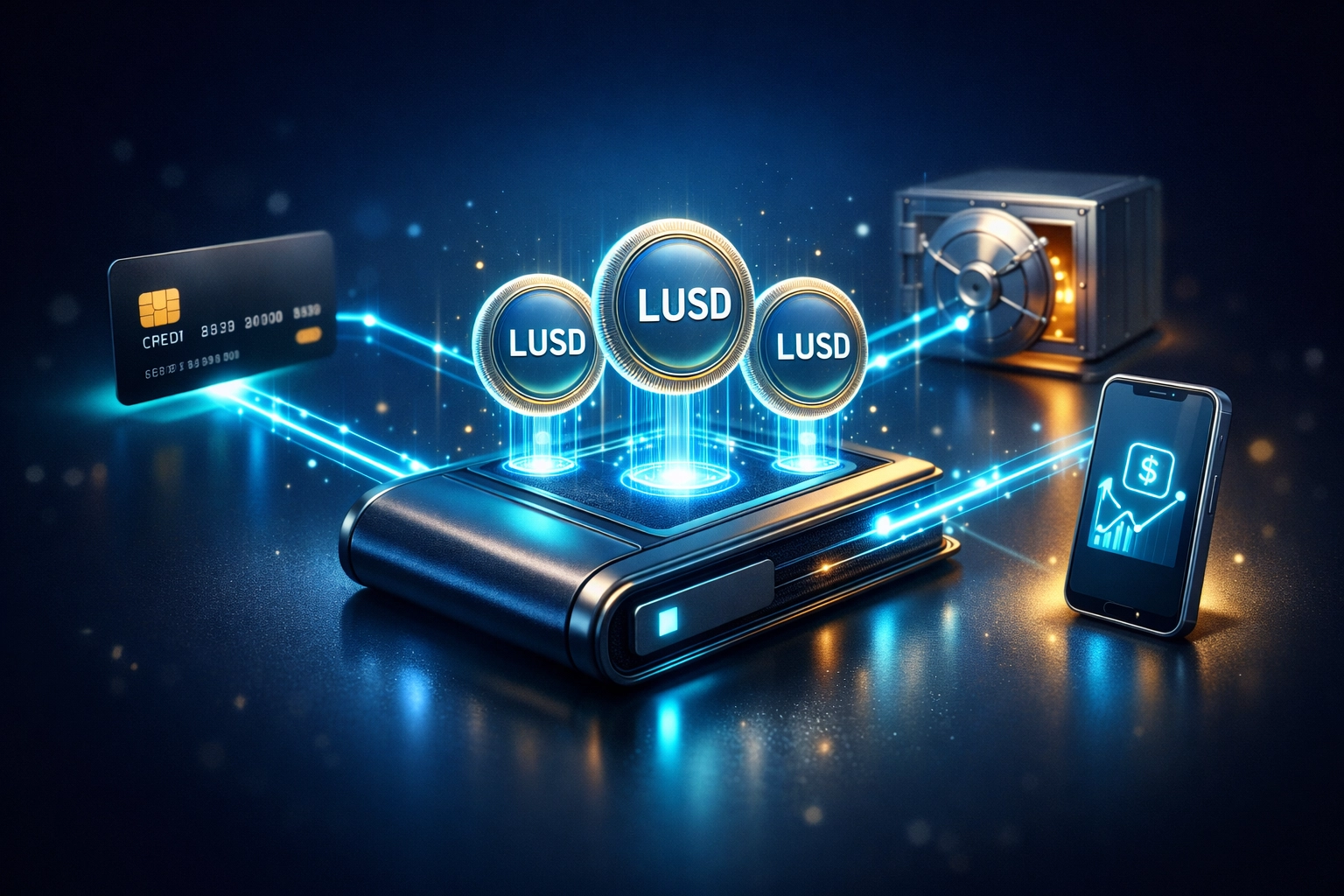 LUSD stablecoin digital wallet connecting to bank card, treasury, and mobile for instant settlement