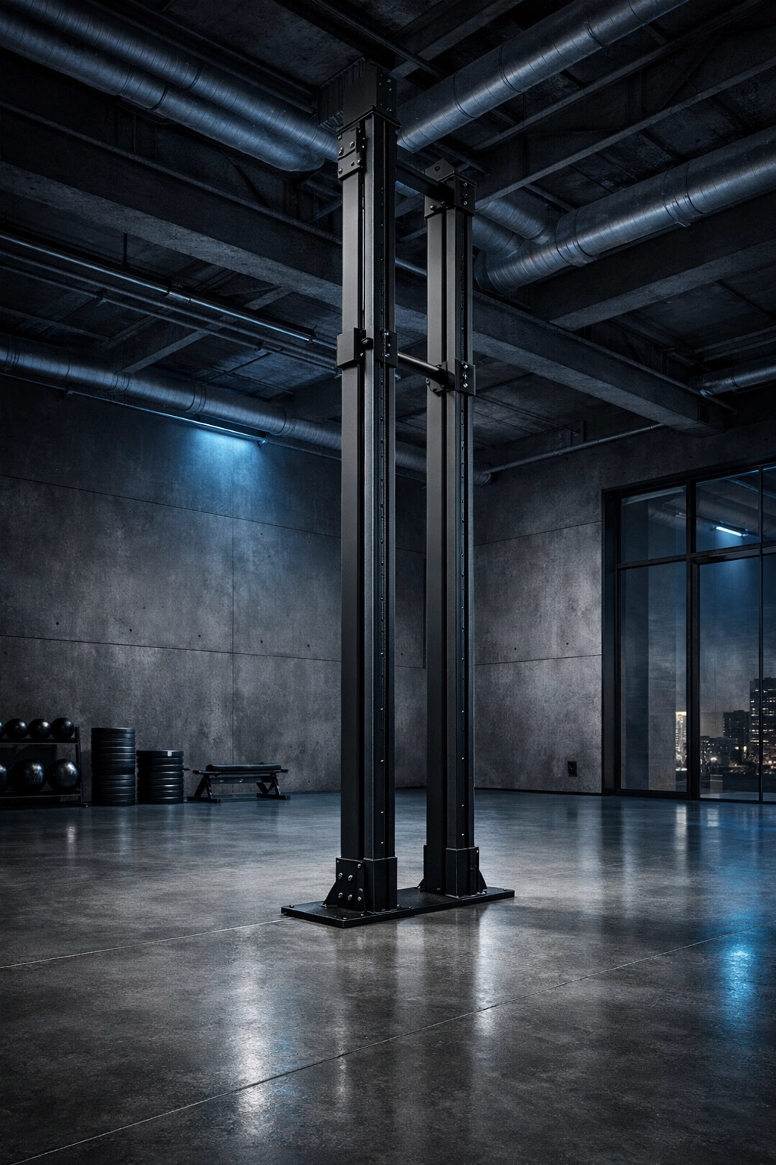 Floor-to-ceiling gym rail system in loft, a stable pull-up bar alternative with no wall damage