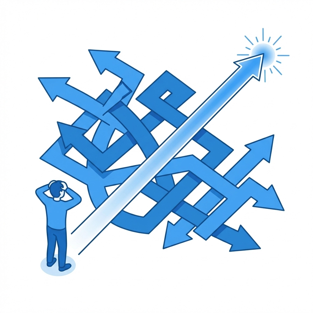 Illustration of a user confused by multiple navigation paths, highlighting poor website navigation UX