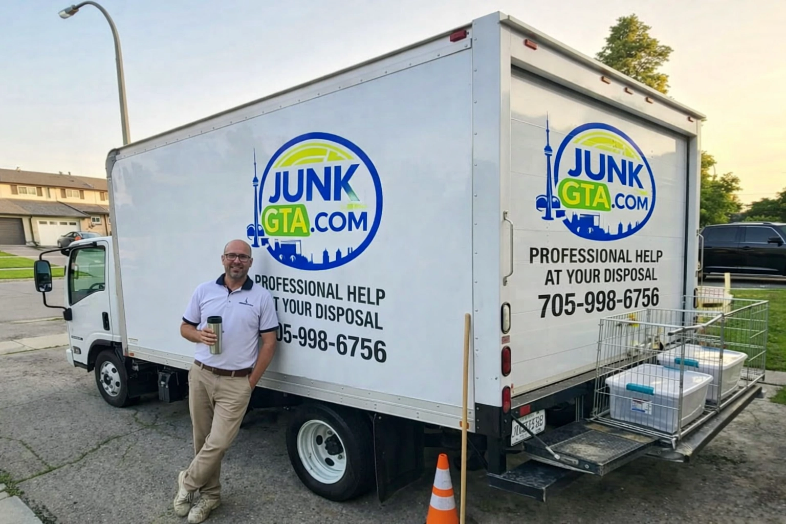 A Junk GTA team member stands beside a branded junk removal truck equipped with cleaning tools and bins