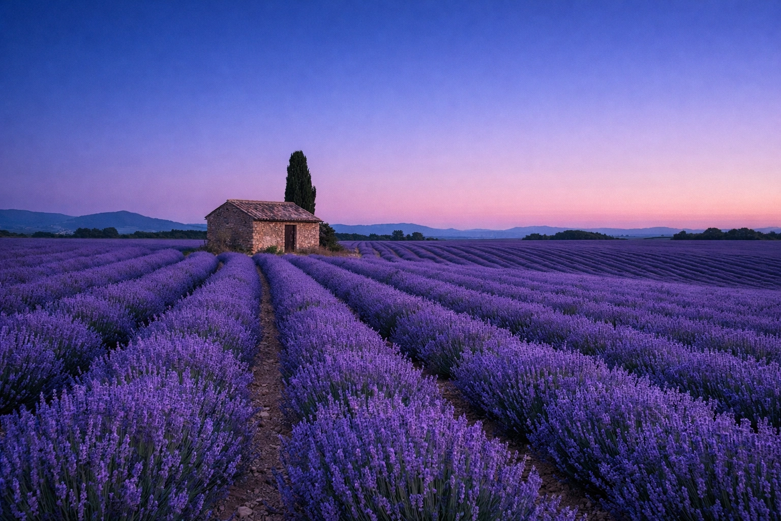 Lavender fields at dusk with natural color editing to avoid common mistakes in landscape photography.