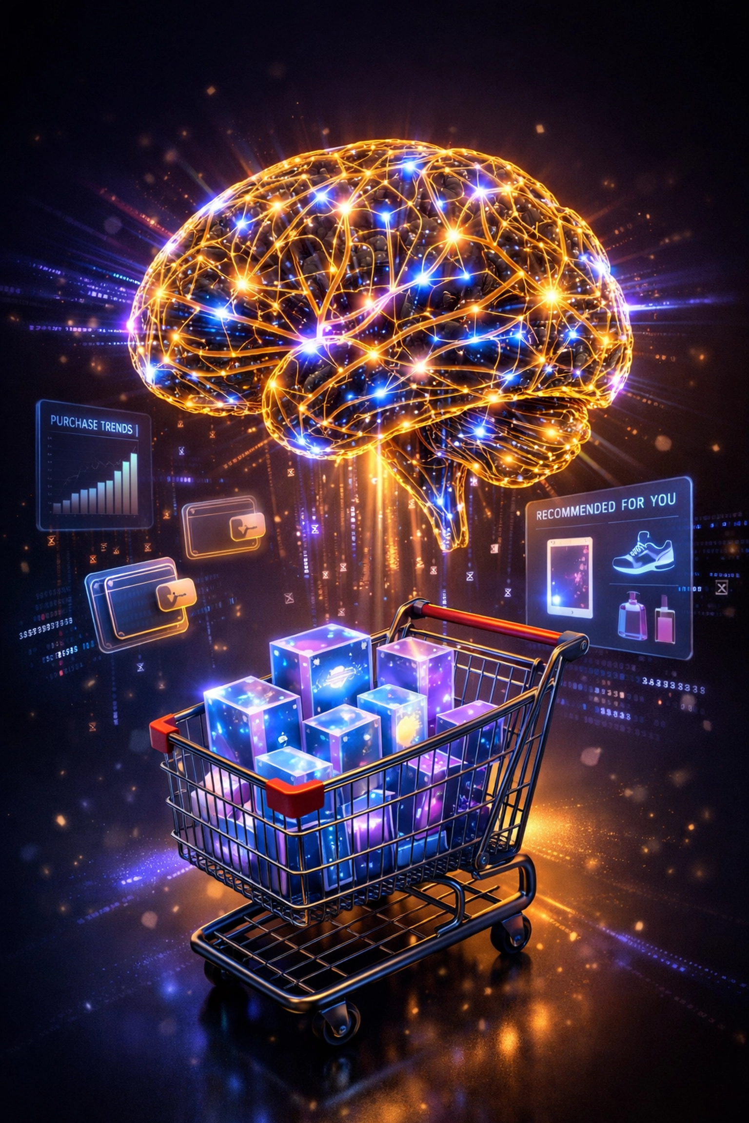 AI-powered shopping cart with neural network showing personalized recommendations
