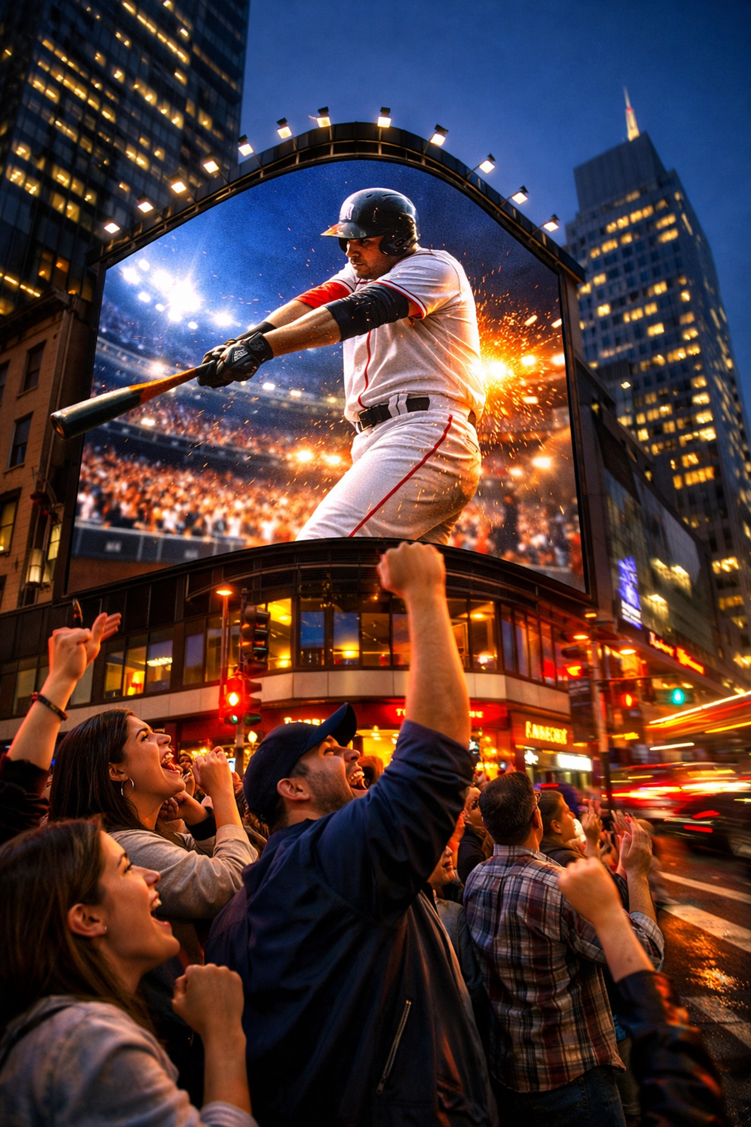 Digital billboard on a city street showing sports highlights to a cheering crowd of fans at night.