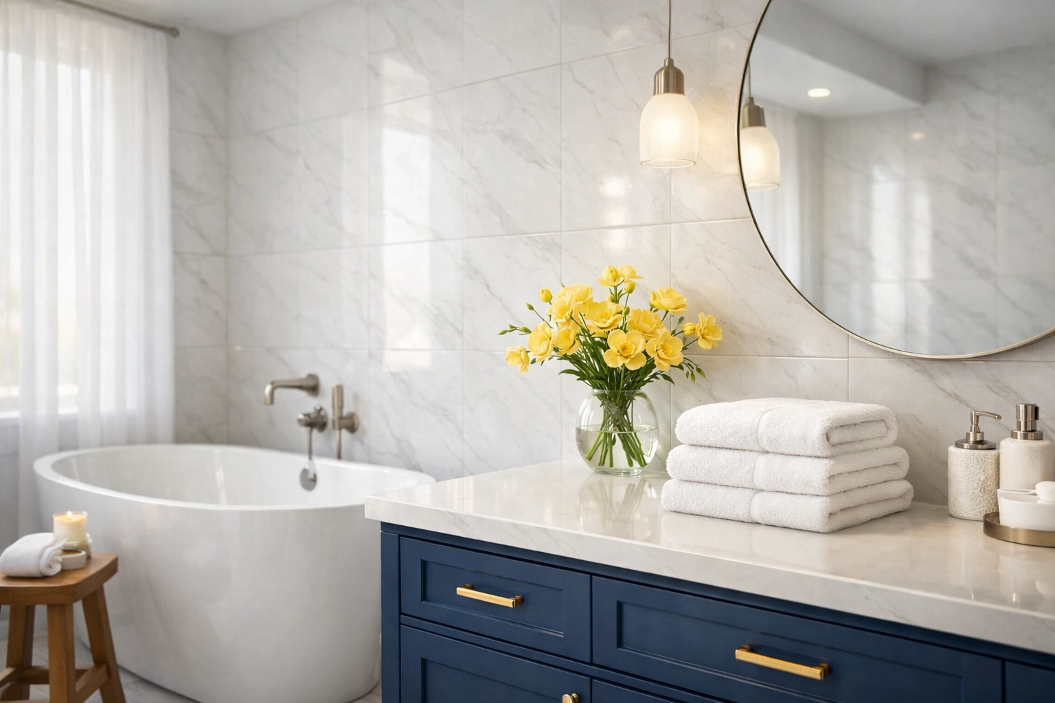 Spotless white marble bathroom sanitized and polished after professional post construction cleaning Maynard.