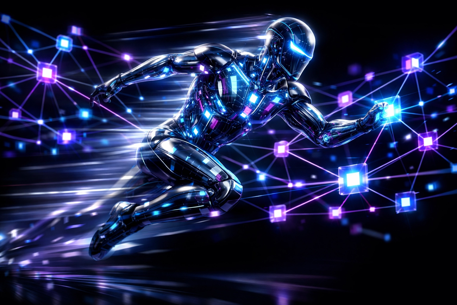 Autonomous AI agent managing complex data nodes for intelligent workflow automation and efficiency.