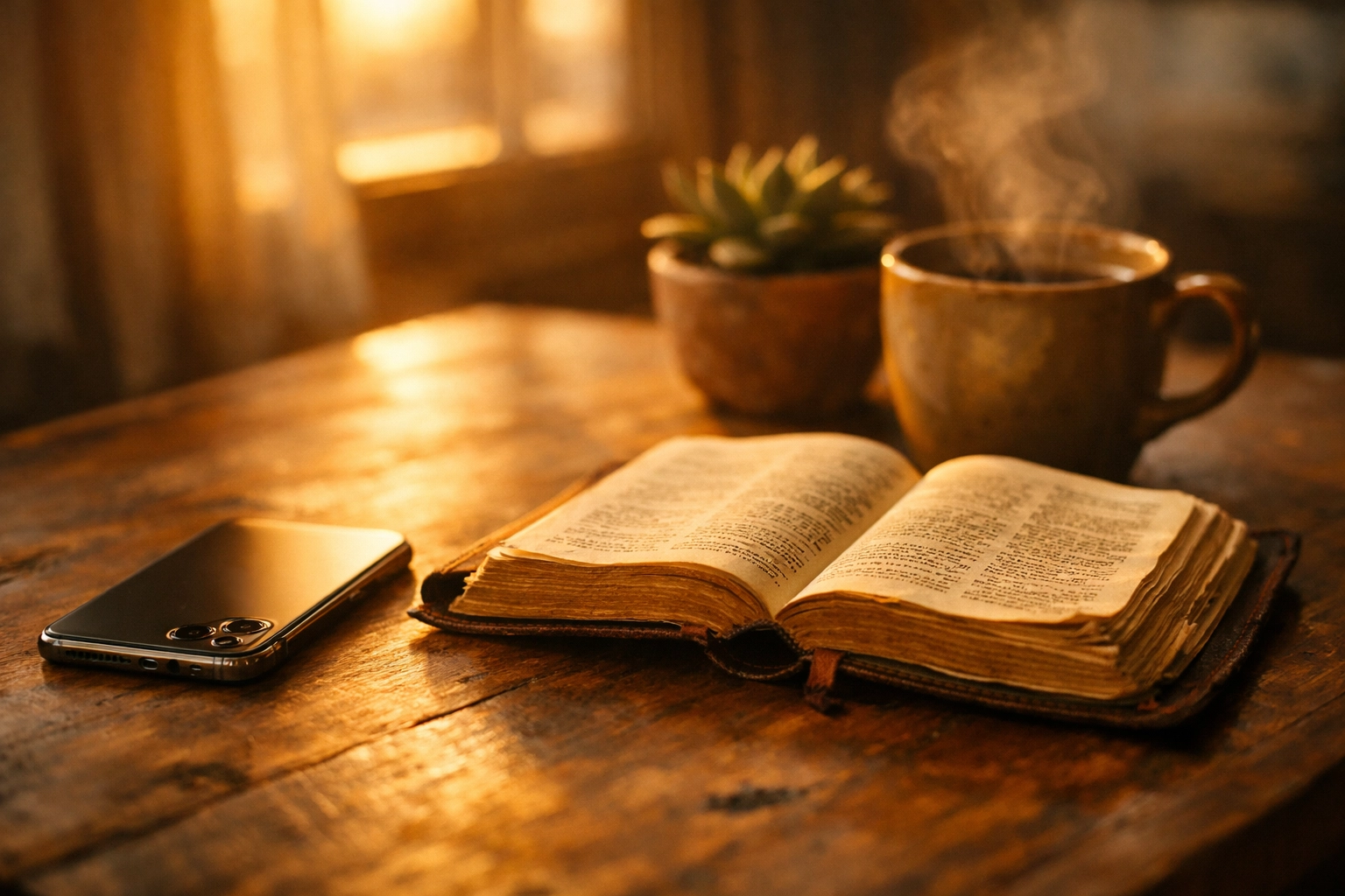 Face-down phone next to open Bible and coffee representing digital detox and scripture focus