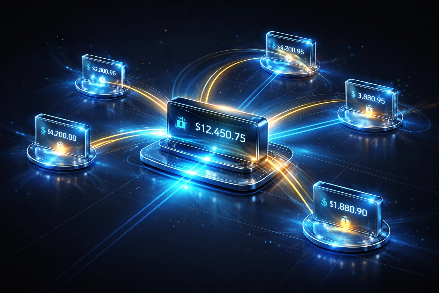 Master wallet hub connecting to multiple sub-wallets for self-custody merchant crypto payments