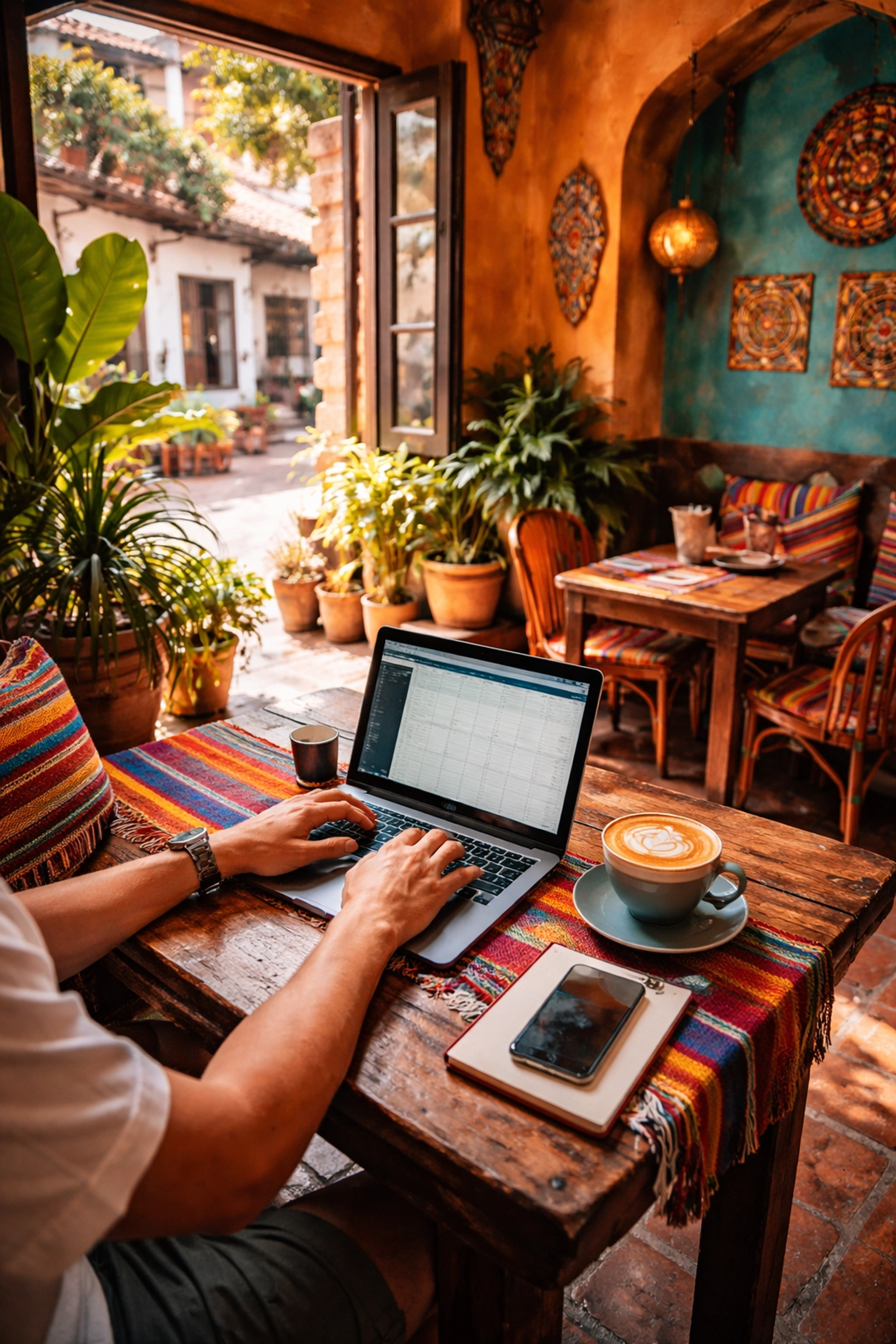 Digital nomad working in a colorful Puerto Vallarta Old Town cafe, highlighting work-friendly ambiance and local culture