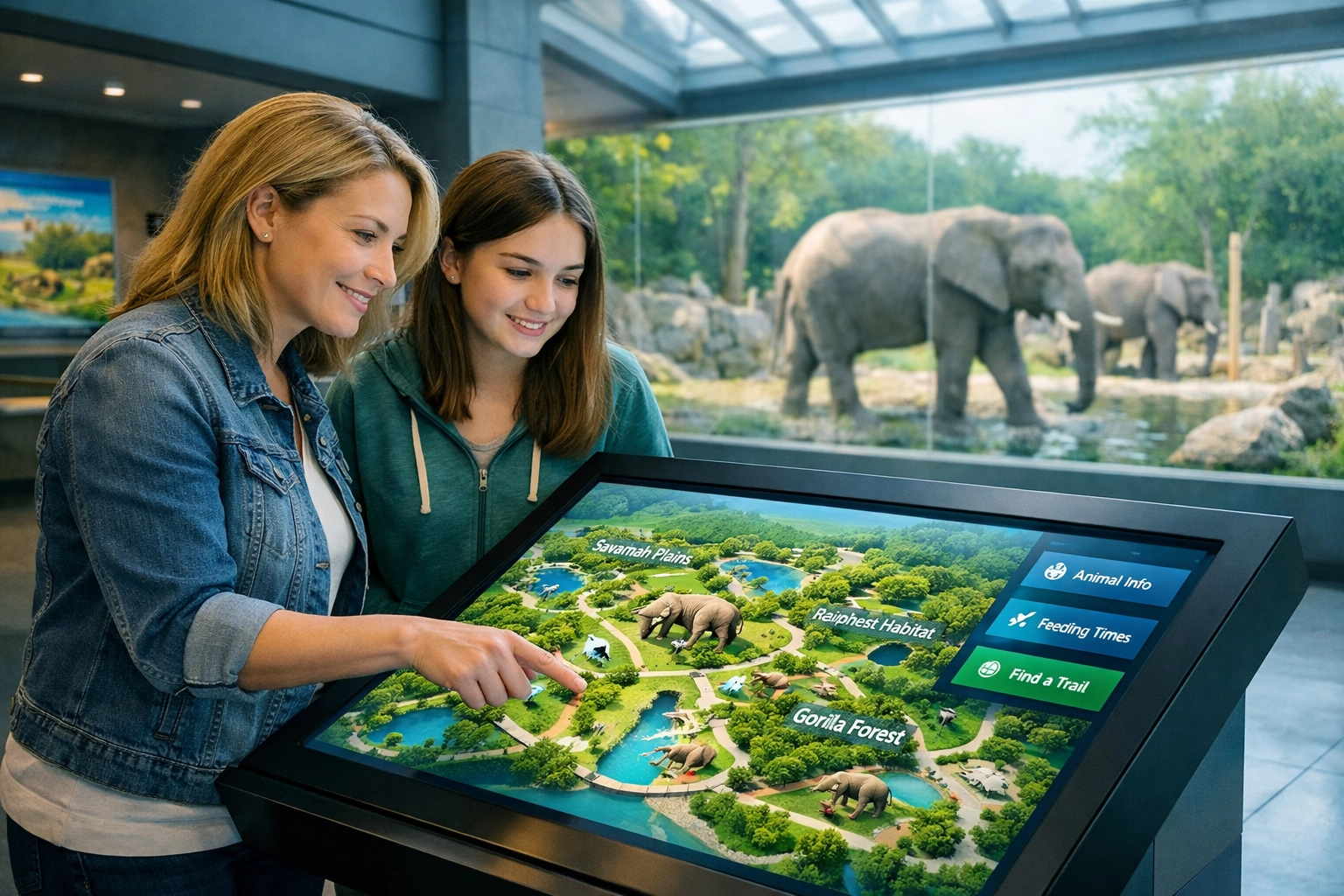 Family interacting with a digital venue media display at a modern zoo exhibit for enhanced visitor engagement.