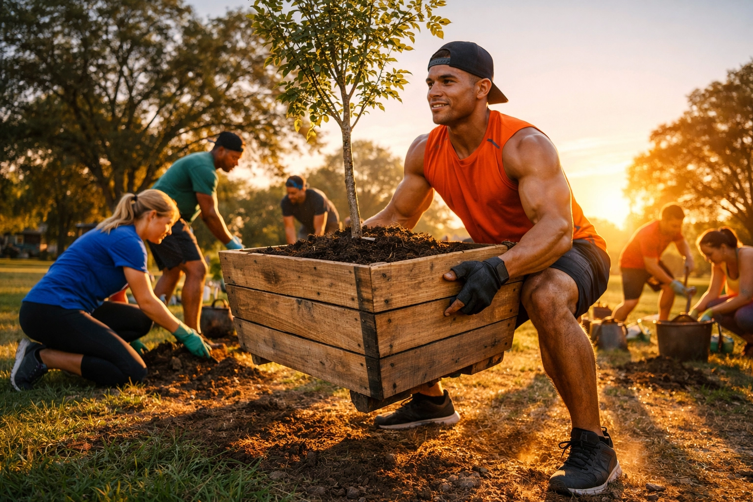 Athletes planting trees in a park at sunset, showing leadership, teamwork, and community impact