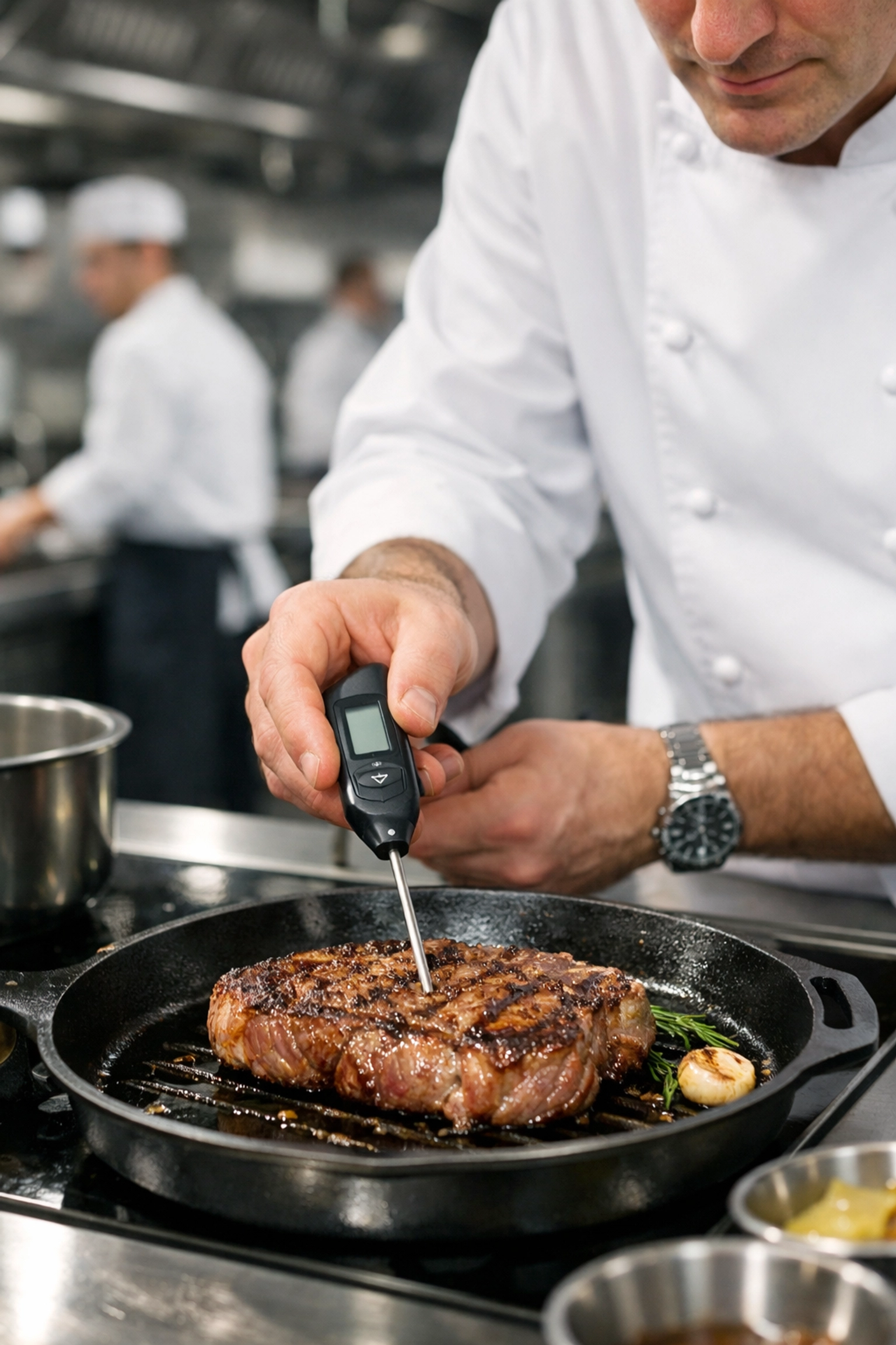 Professional chef using a digital probe thermometer for food safety compliance in a commercial kitchen.