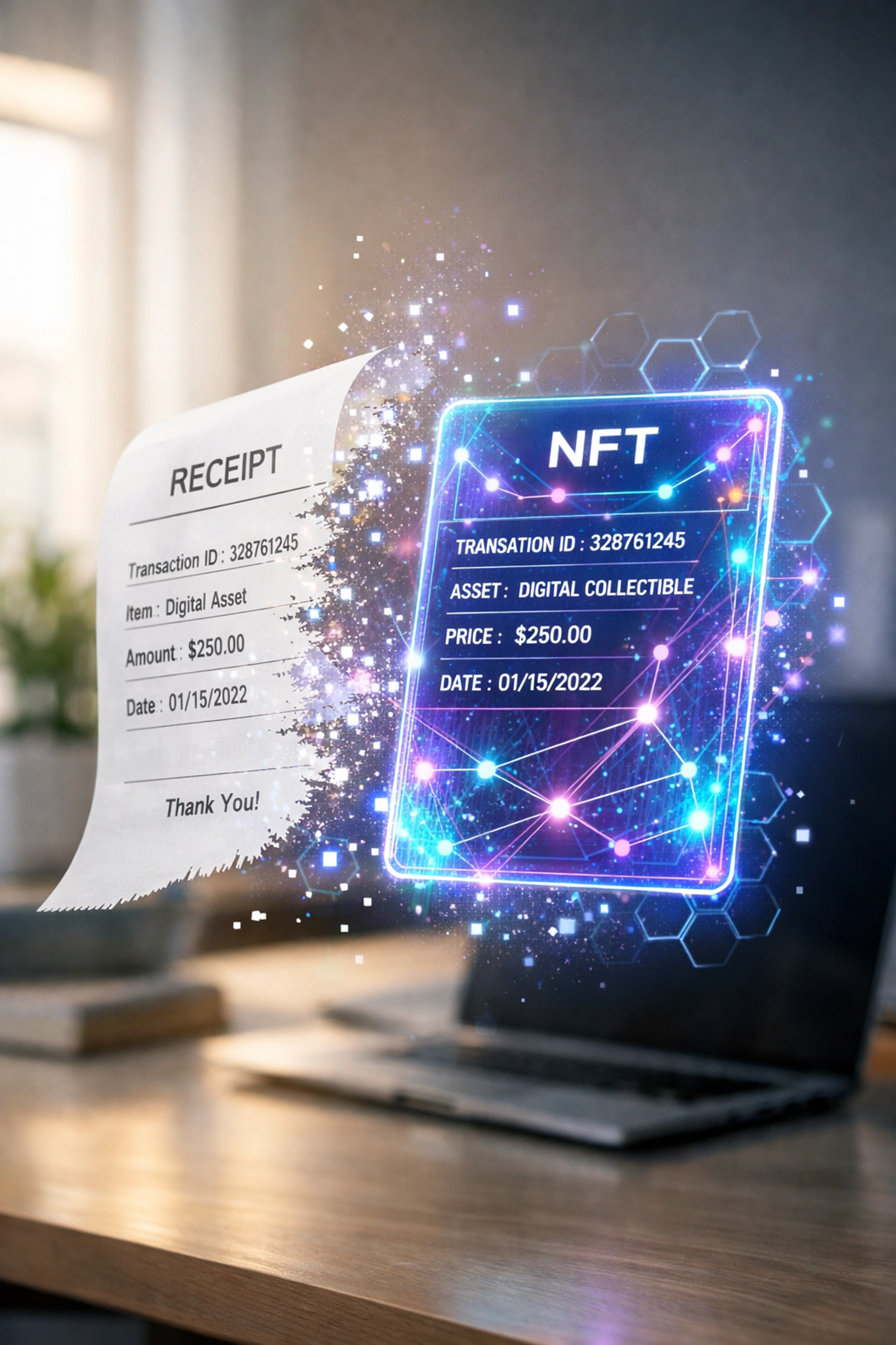 Physical receipt transforming into blockchain NFT for permanent crypto payment verification