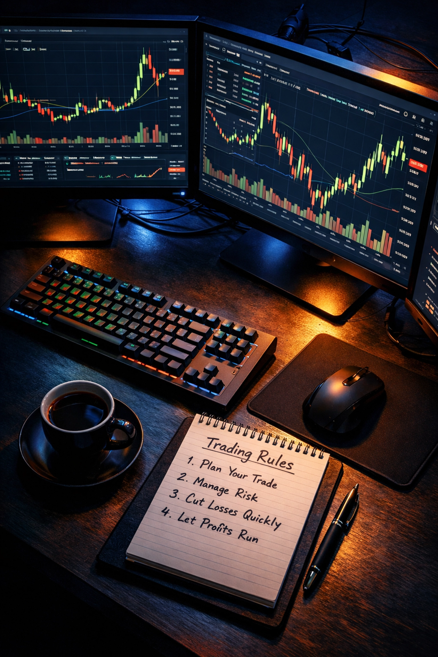 Professional crypto trading desk setup with multiple monitors displaying Bitcoin charts and prop firm rules
