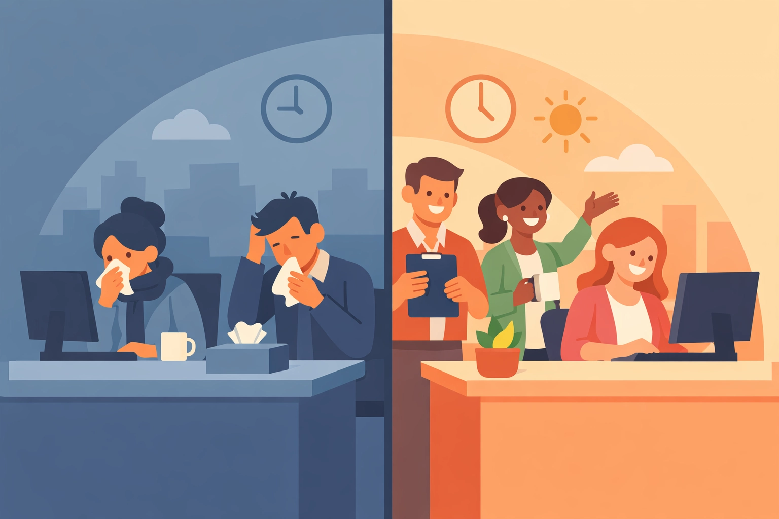 Office workers showing contrast between presenteeism and wellness in the workplace