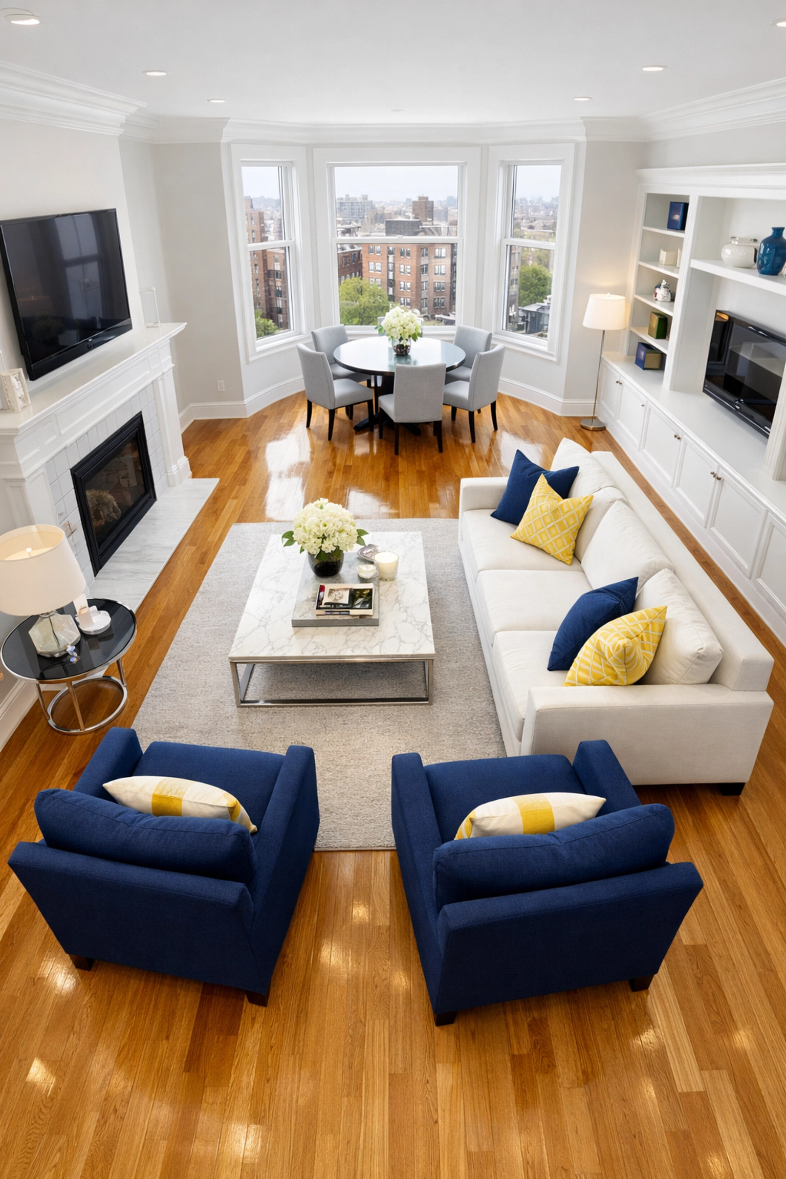 Clean and bright living room in a modern Boston condo showing professional house cleaning services MA.