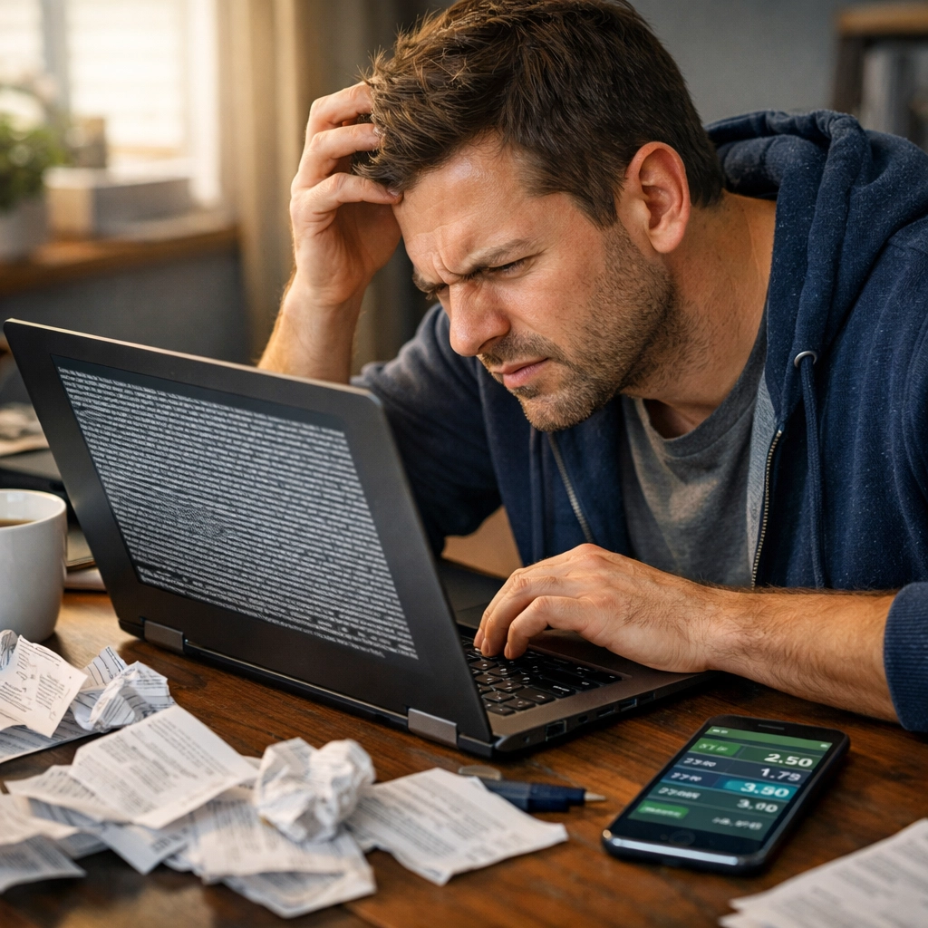 Sportwetter liest Bonusbedingungen am Laptop – häufiger Fehler bei Wettboni