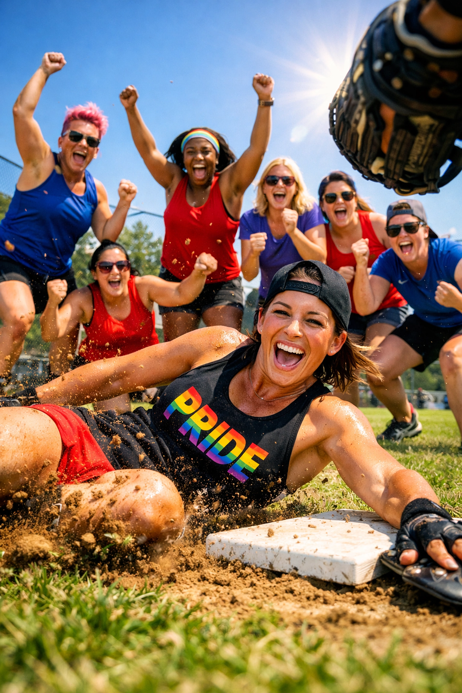 Diverse queer women cheering at a kickball game, showing the power of LGBTQ+ sports for community building.