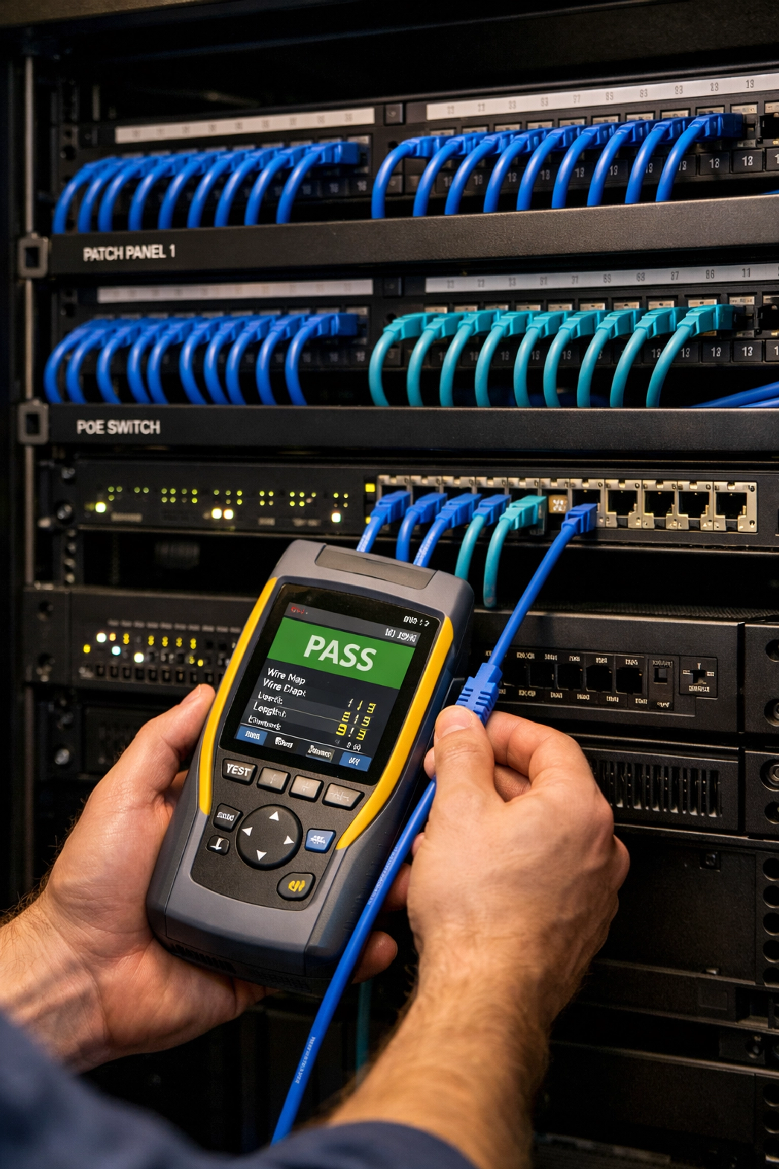 Professional structured cabling services showing organized Cat6 network cables for Cloud PBX Canada.
