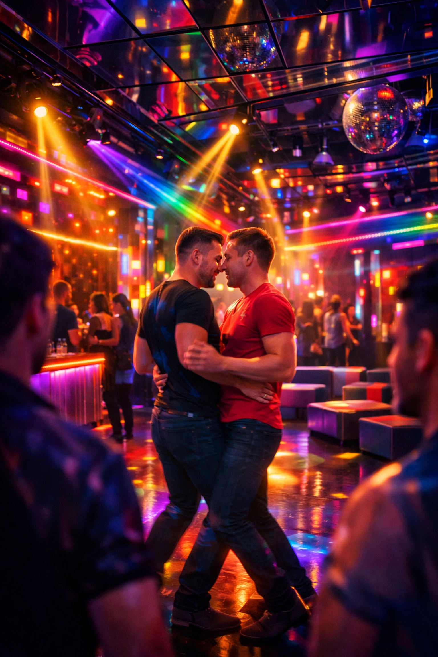Gay men dancing in queer nightclub with rainbow lights and mirrored surfaces