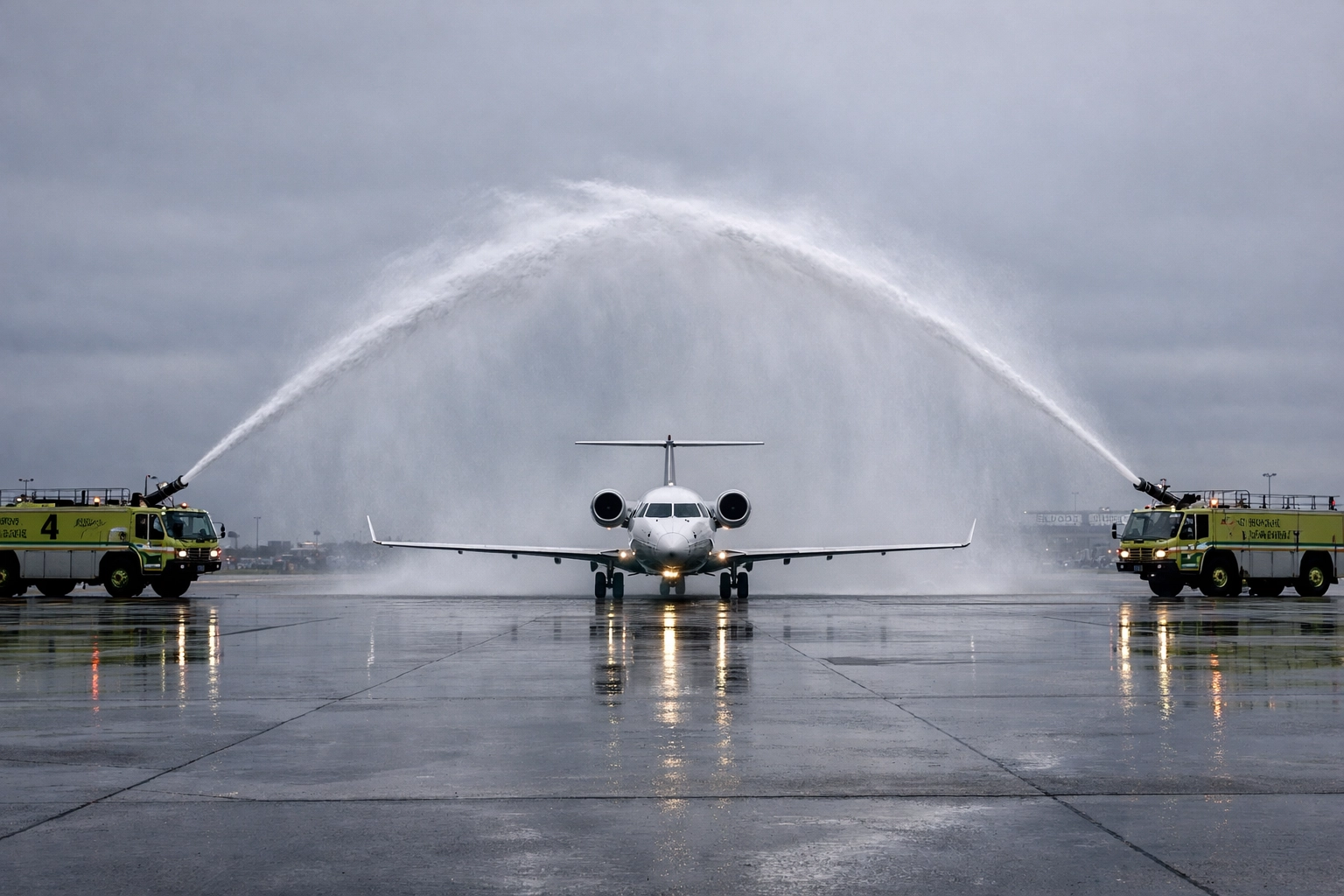 A ceremonial water salute at Montreal-Trudeau Airport honoring fallen pilot Antoine Forest.