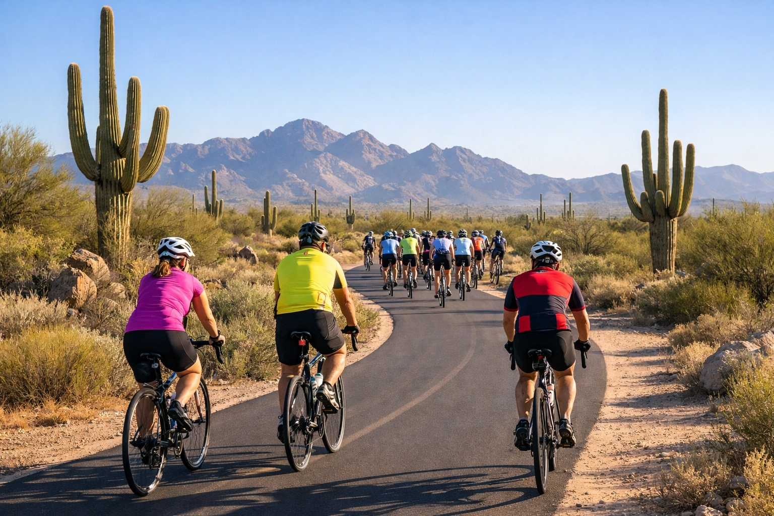 Cyclists riding Tour De Cure Arizona charity bike race through Goodyear desert trails in February