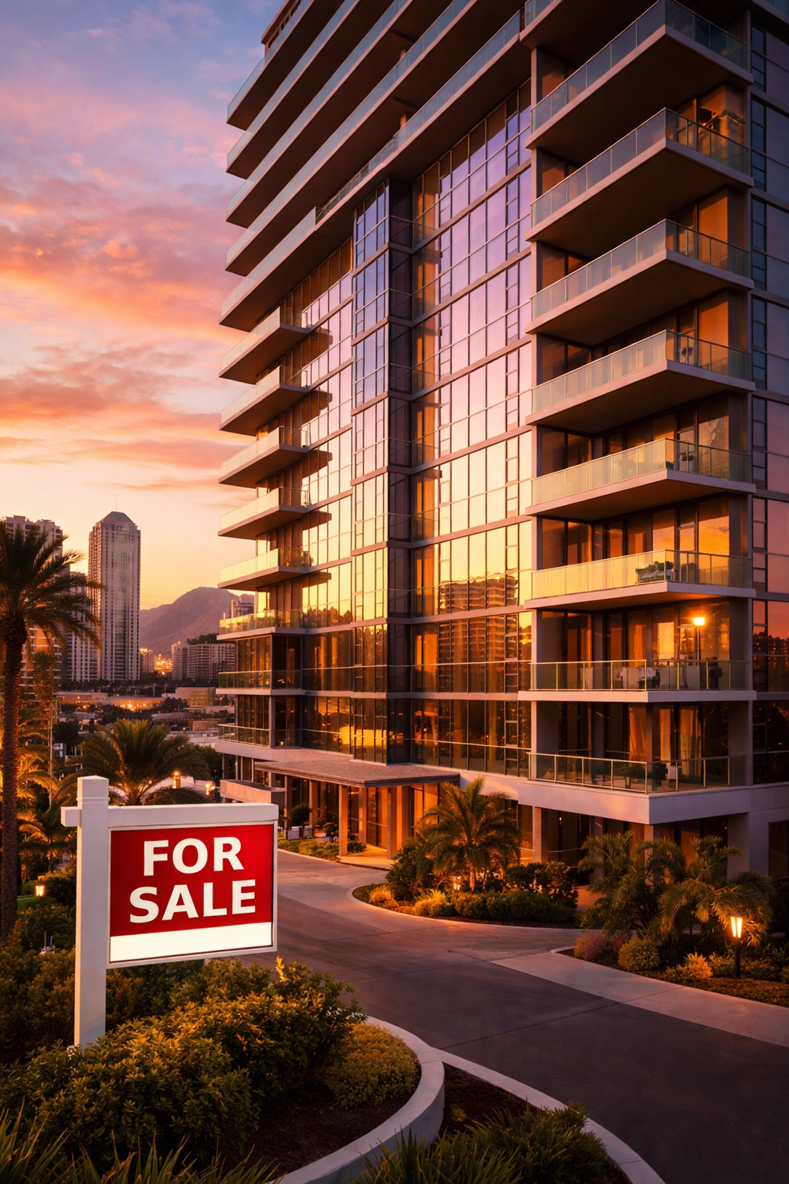 Modern Las Vegas high-rise condo at sunset with for sale sign and skyline, illustrating market inventory challenges.