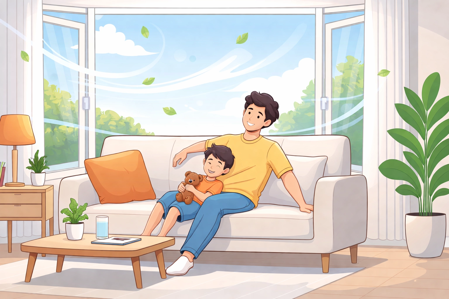 Happy family relaxing in a modern living room filled with fresh air, representing improved indoor air quality.