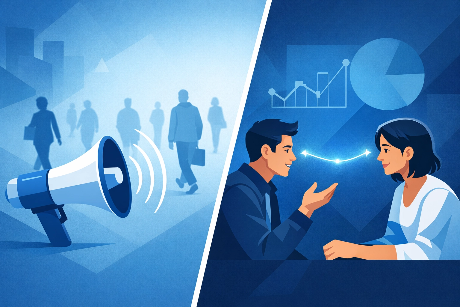 Generic marketing versus targeted audience communication shown through megaphone and conversation