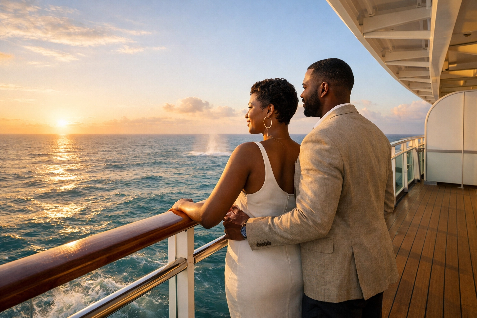 Black couple enjoying a sunrise cruise balcony view planned early by a personal travel planner for value.