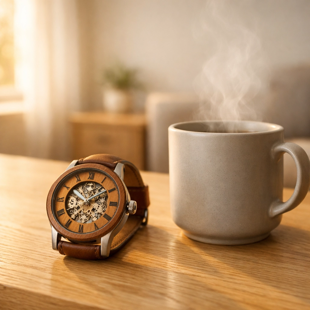 Classic wooden mechanical watch beside a coffee mug, representing a consistent and structured morning routine.