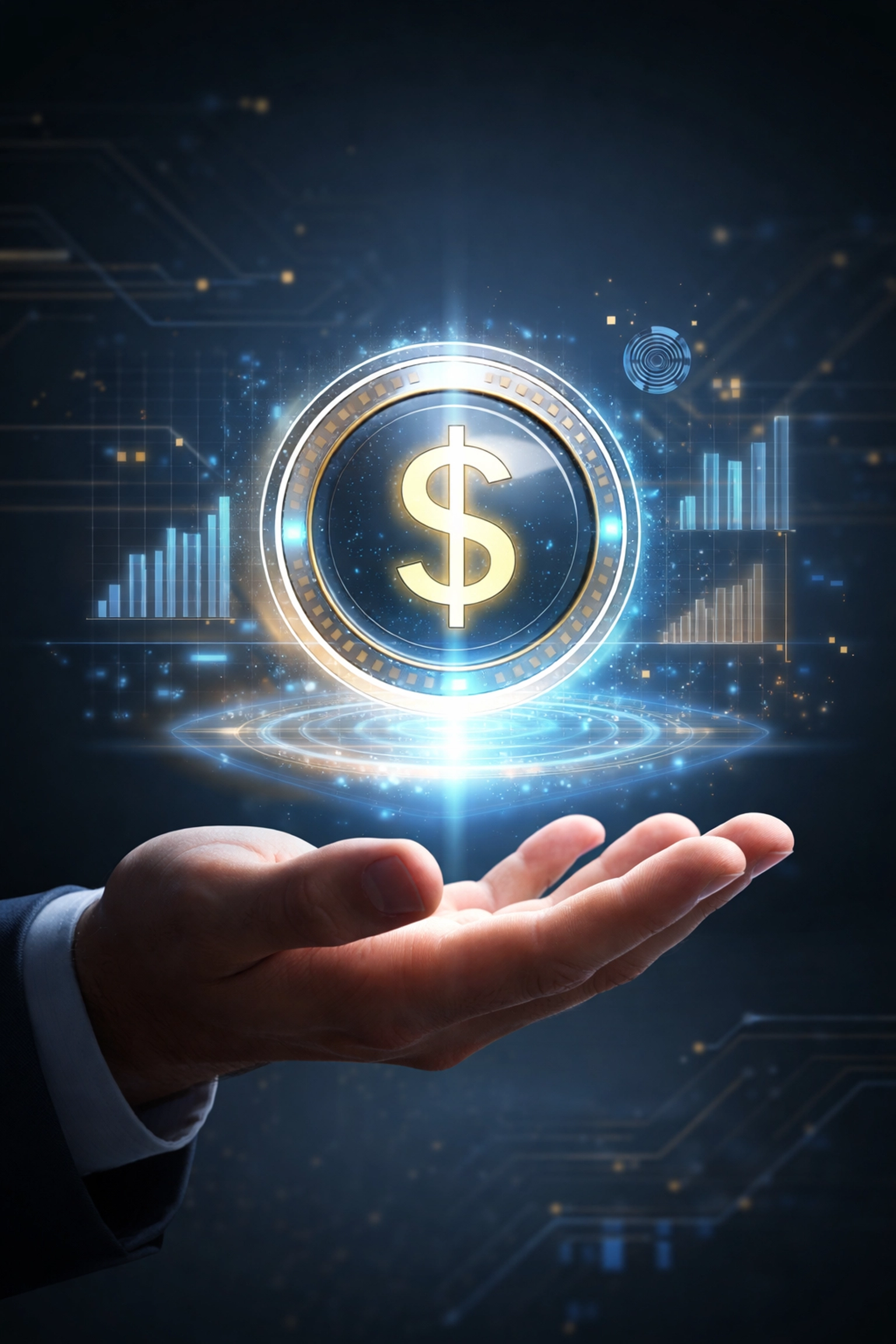 A floating digital stablecoin above a palm with glowing financial charts, highlighting LUSD stablecoin benefits for bank-free Web3 payments.