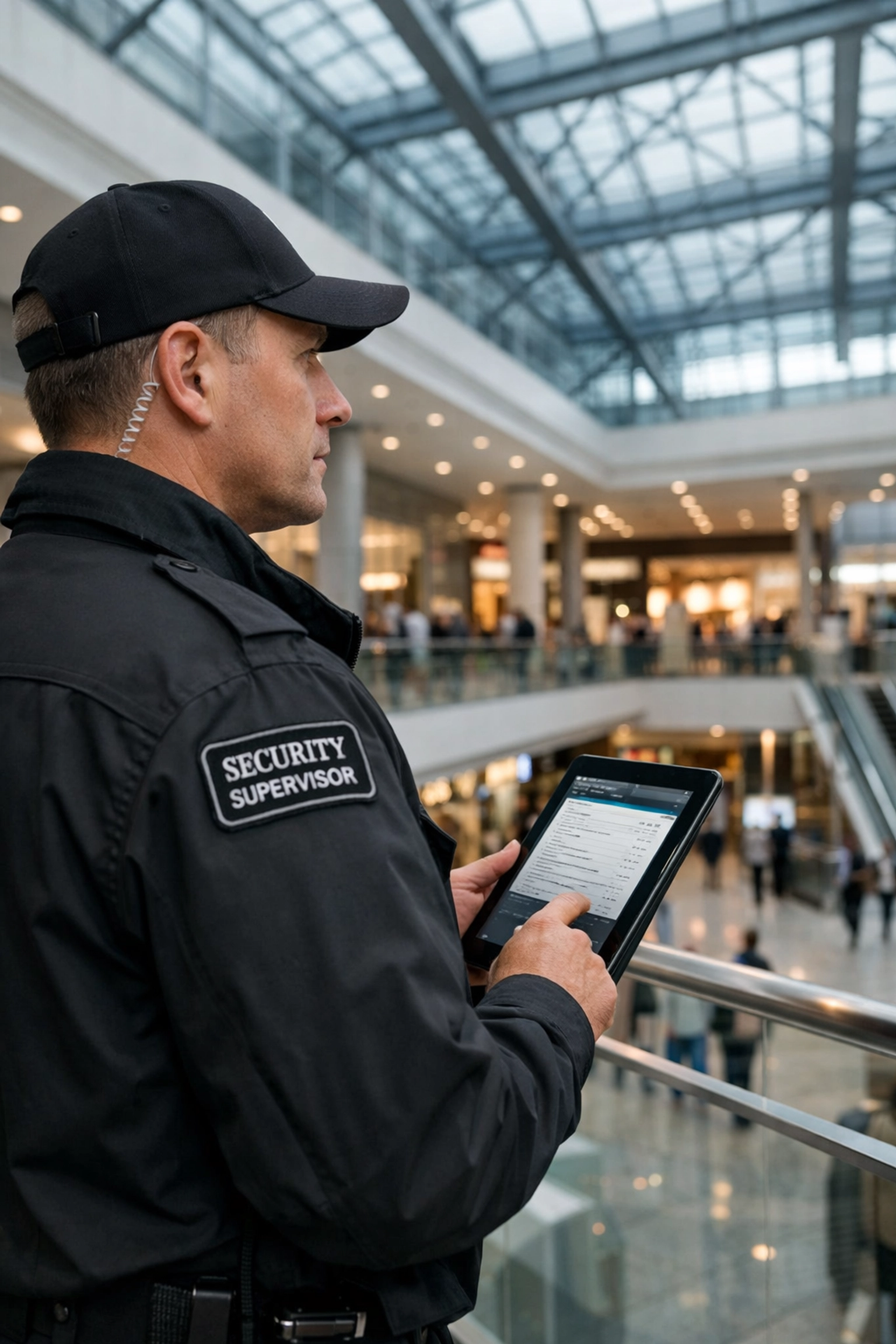 Security supervisor conducting a retail safety audit for Martyn’s Law compliance in a modern venue.