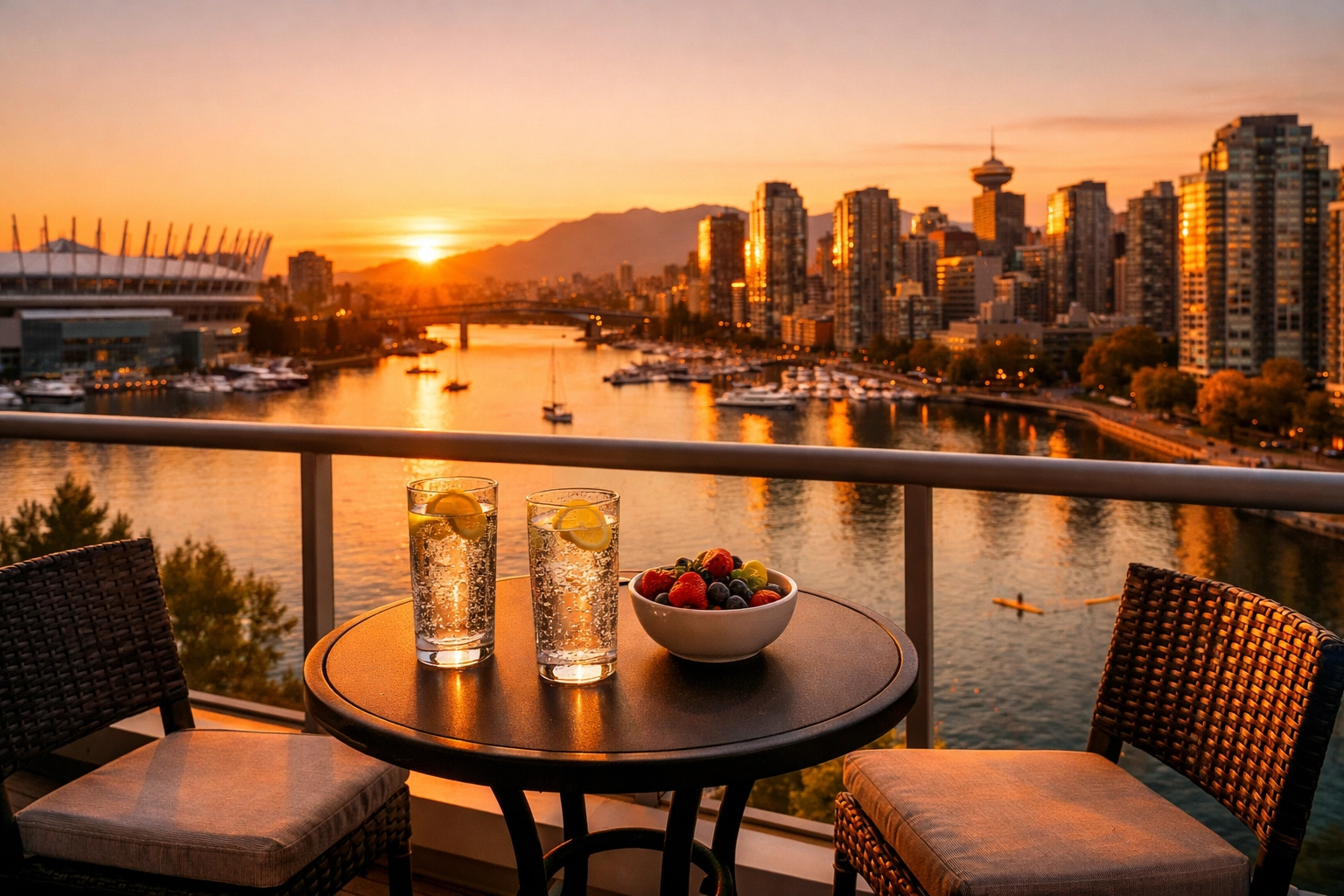Private balcony offering a stunning sunset view of the Vancouver skyline and False Creek.