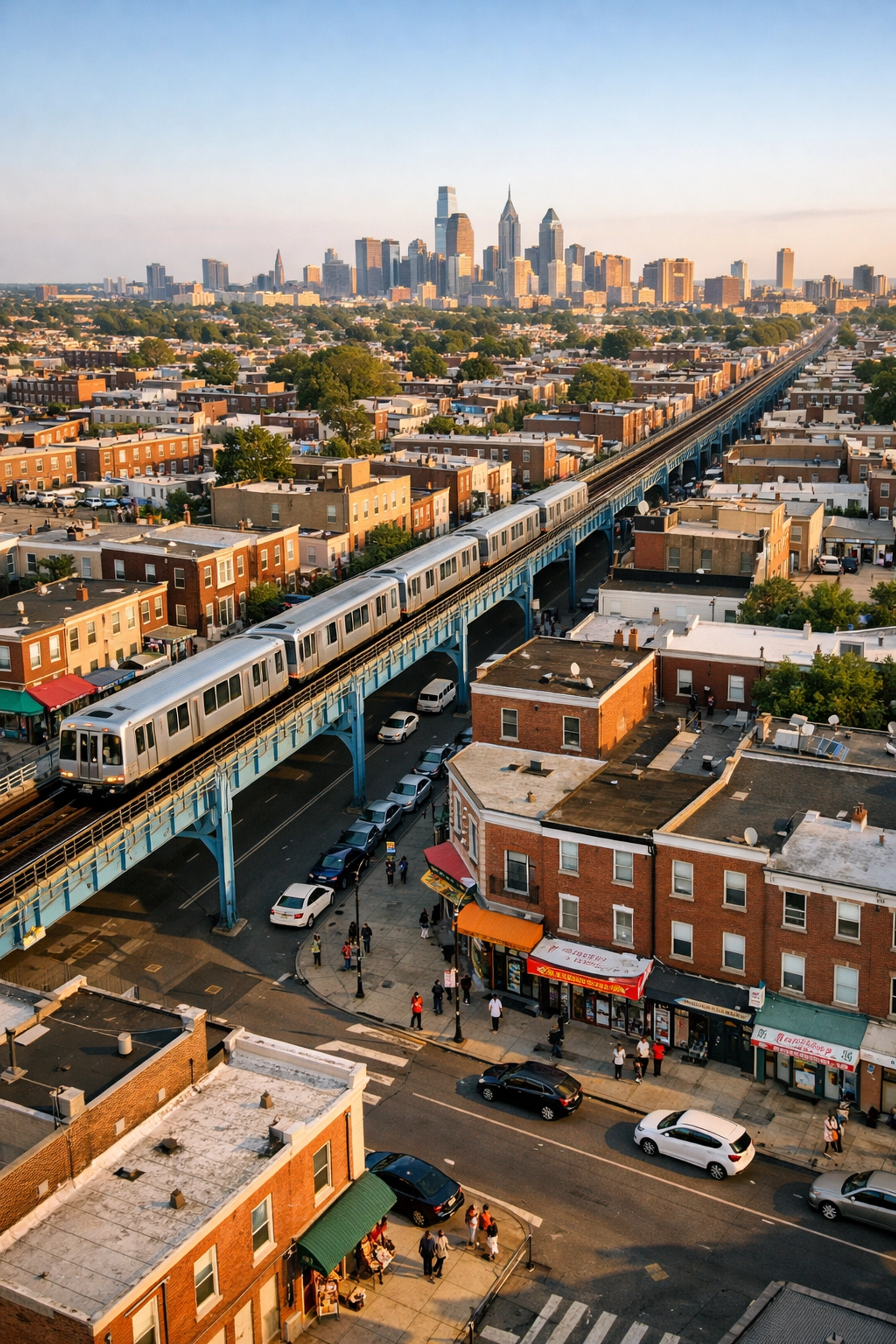 Frankford neighborhood Philadelphia showing Market-Frankford Line and affordable rowhomes